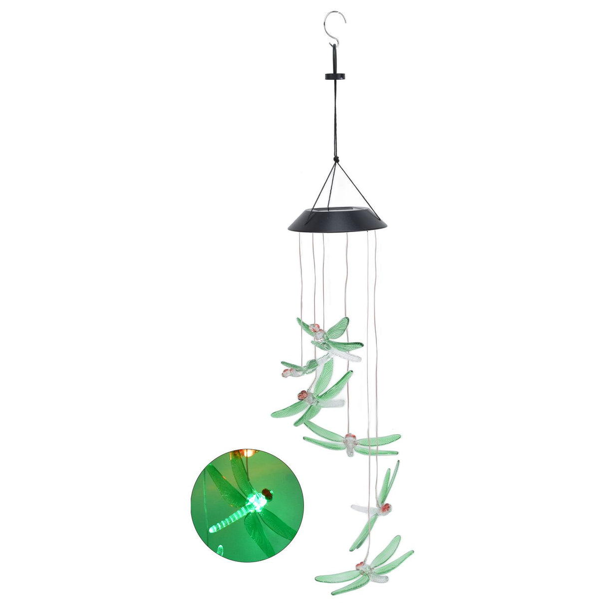 Solar Wind Chimes Photosensitive Design Waterproof Automatic Operation Green Dragonfly Shape Color Changing Lights