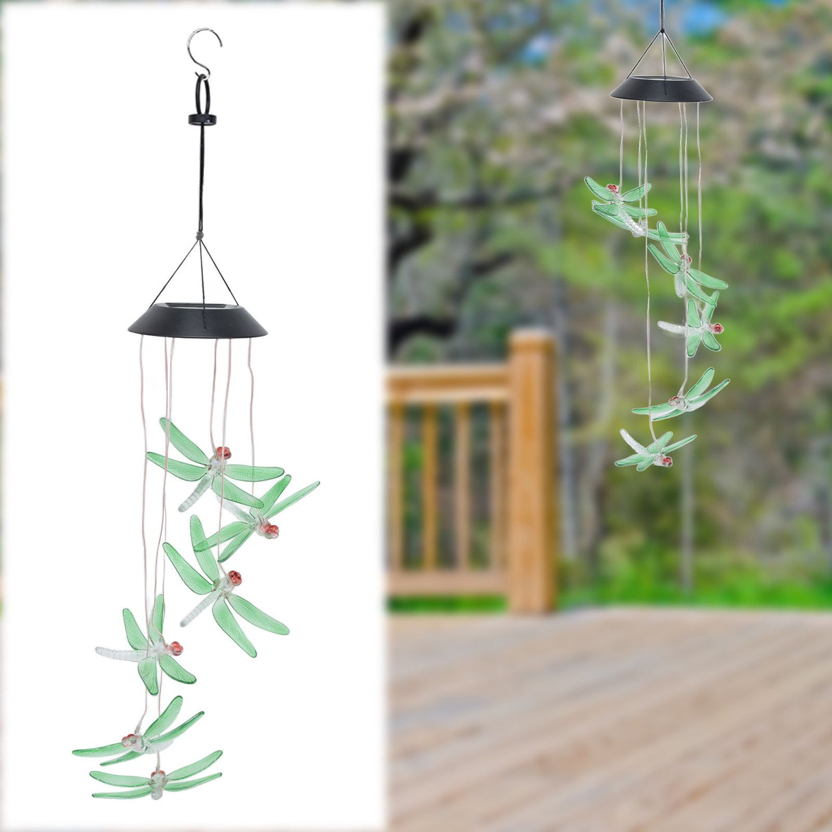 Solar Wind Chimes Photosensitive Design Waterproof Automatic Operation Green Dragonfly Shape Color Changing Lights