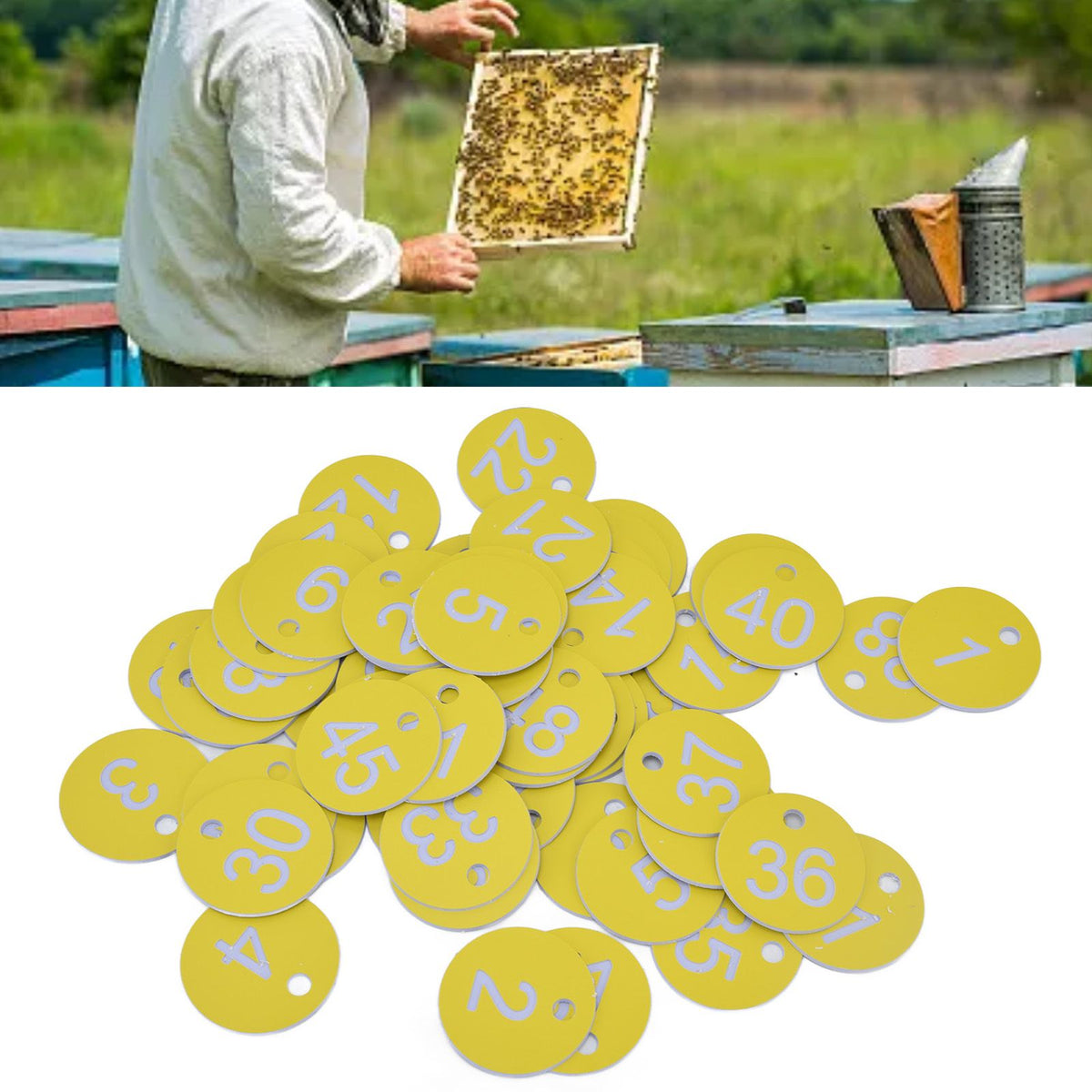 50Pcs Beehive Tag ABS Round Numbered Sign Labels with Hole Livestock Beekeeping SuppliesLight Yellow 1-50