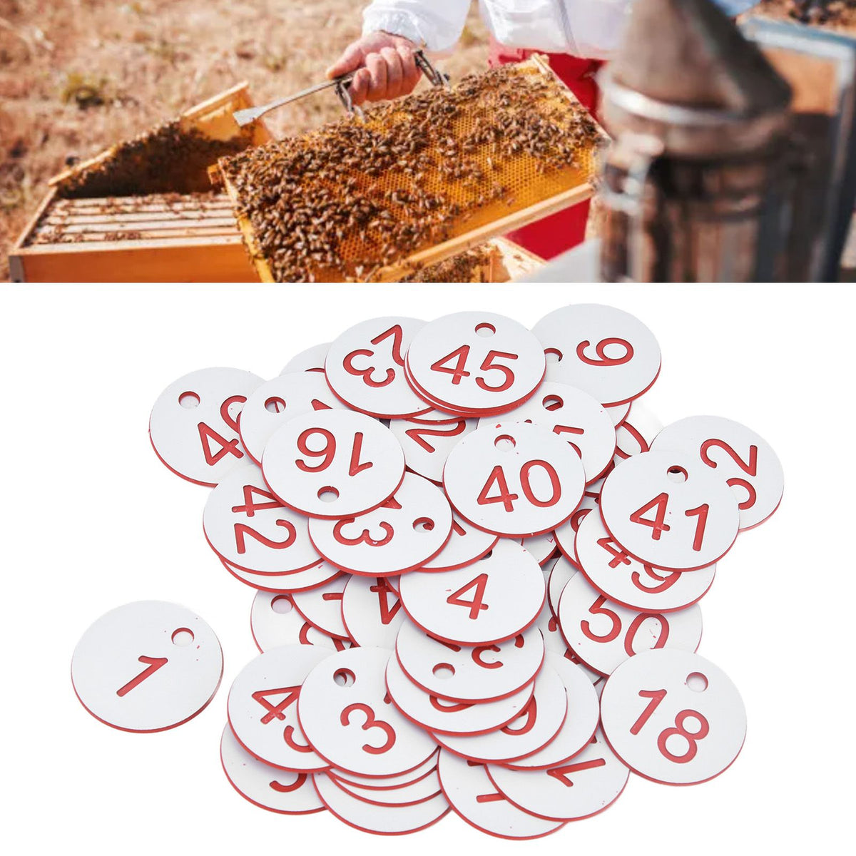 50Pcs Beehive Tag ABS Round Numbered Sign Labels with Hole Livestock Beekeeping SuppliesWhite 1-50