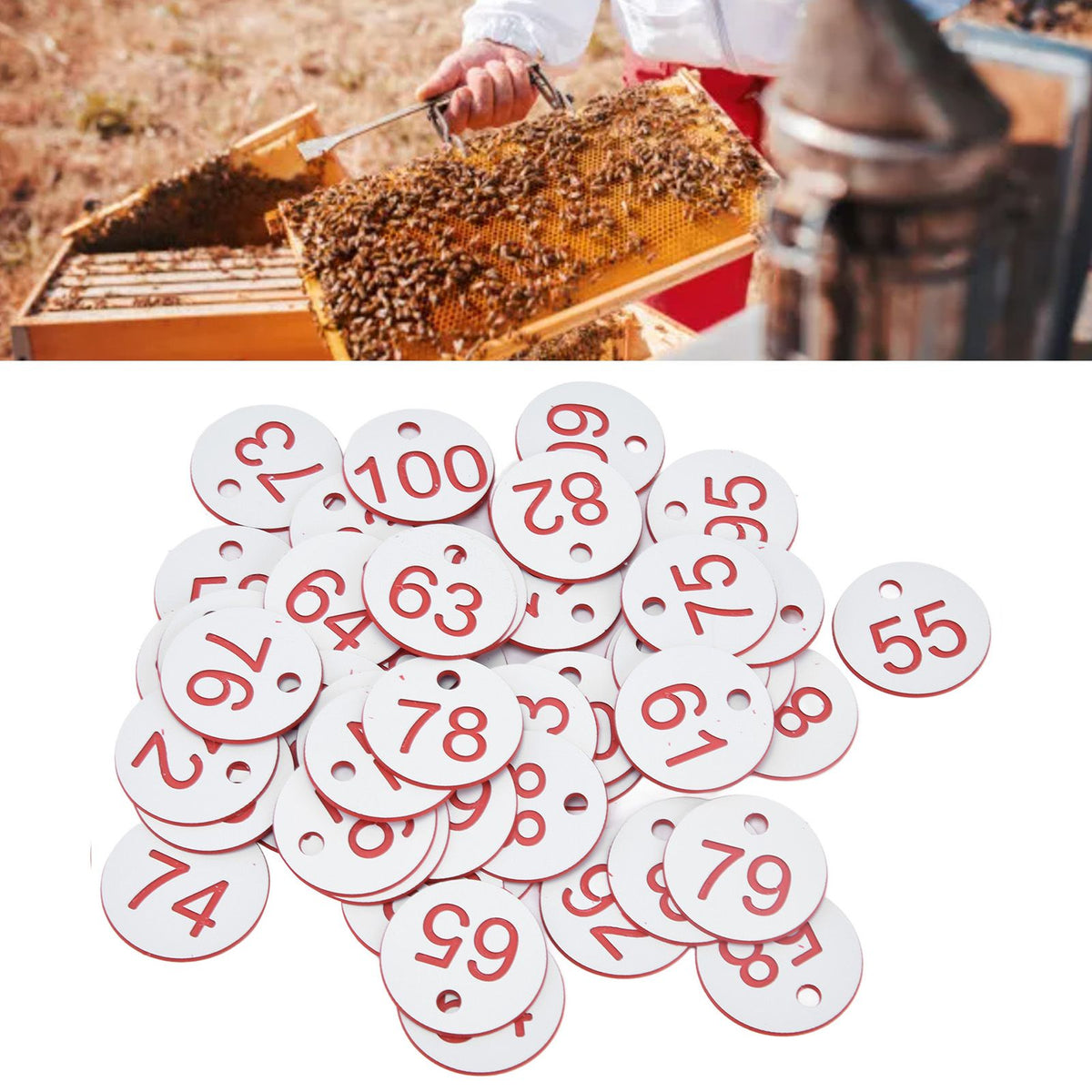 50Pcs Beehive Tag ABS Round Numbered Sign Labels with Hole Livestock Beekeeping SuppliesWhite 51-100
