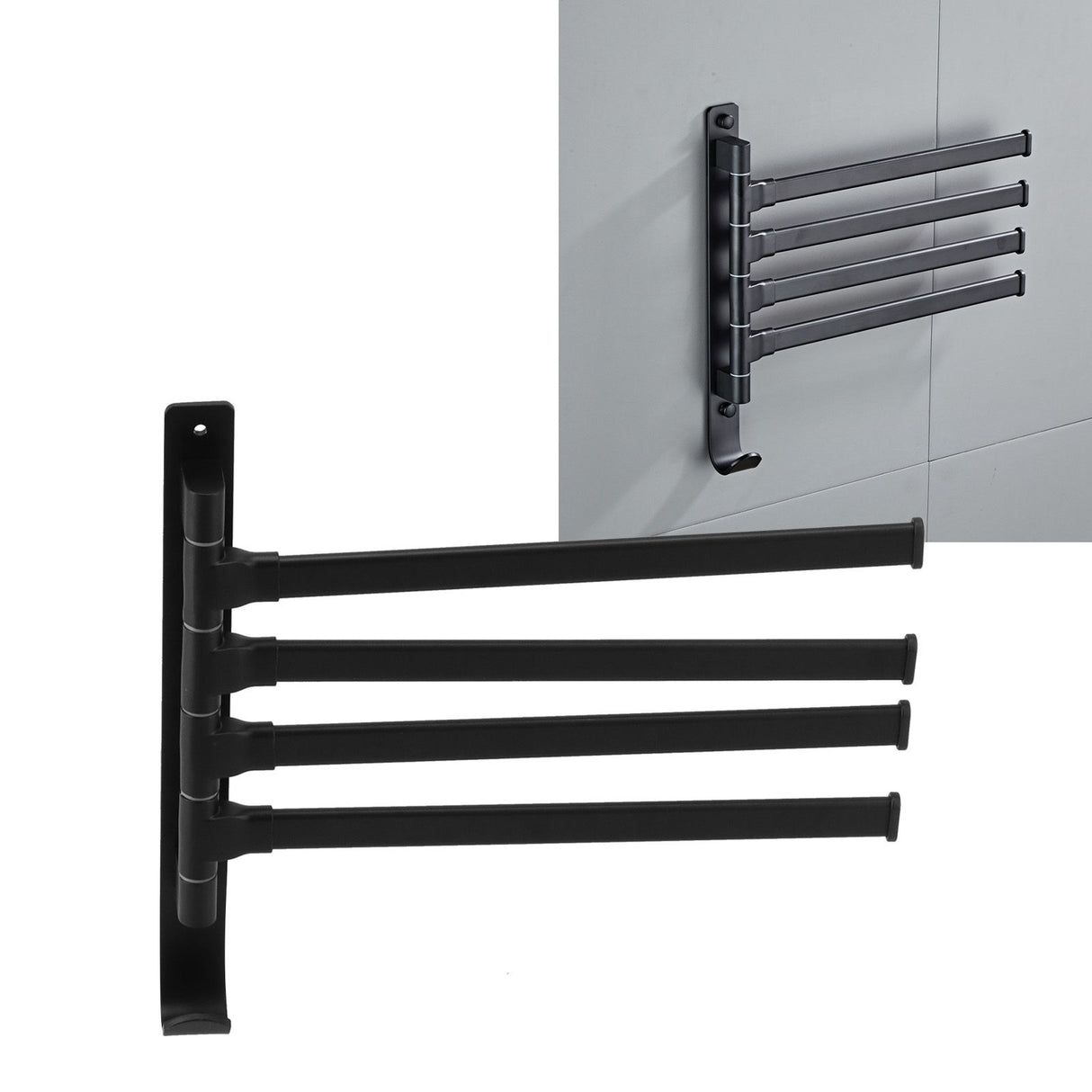 Rotating Towel Rack 4 Poles Space Aluminum Folding Rotatable Matte Black Finish Bath Towel Hanger for Bathrooms Kitchens Hotels