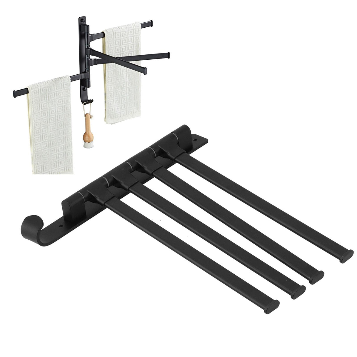 Rotating Towel Rack 4 Poles Space Aluminum Folding Rotatable Matte Black Finish Bath Towel Hanger for Bathrooms Kitchens Hotels