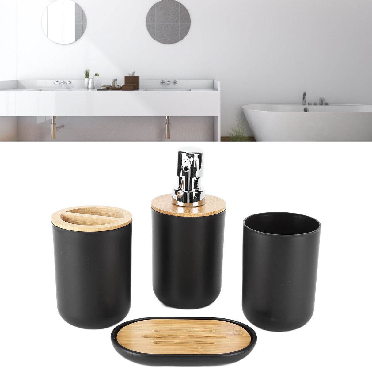4Pcs Bathroom Accessory Set Bamboo Waterproof Durable Gift Toothbrush Cup for Home HotelBlack