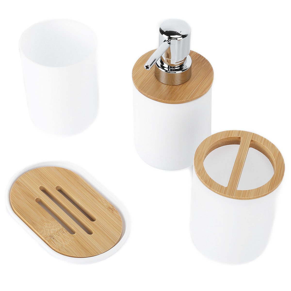 4Pcs Bathroom Accessory Set Bamboo Waterproof Durable Gift Toothbrush Cup for Home HotelWhite
