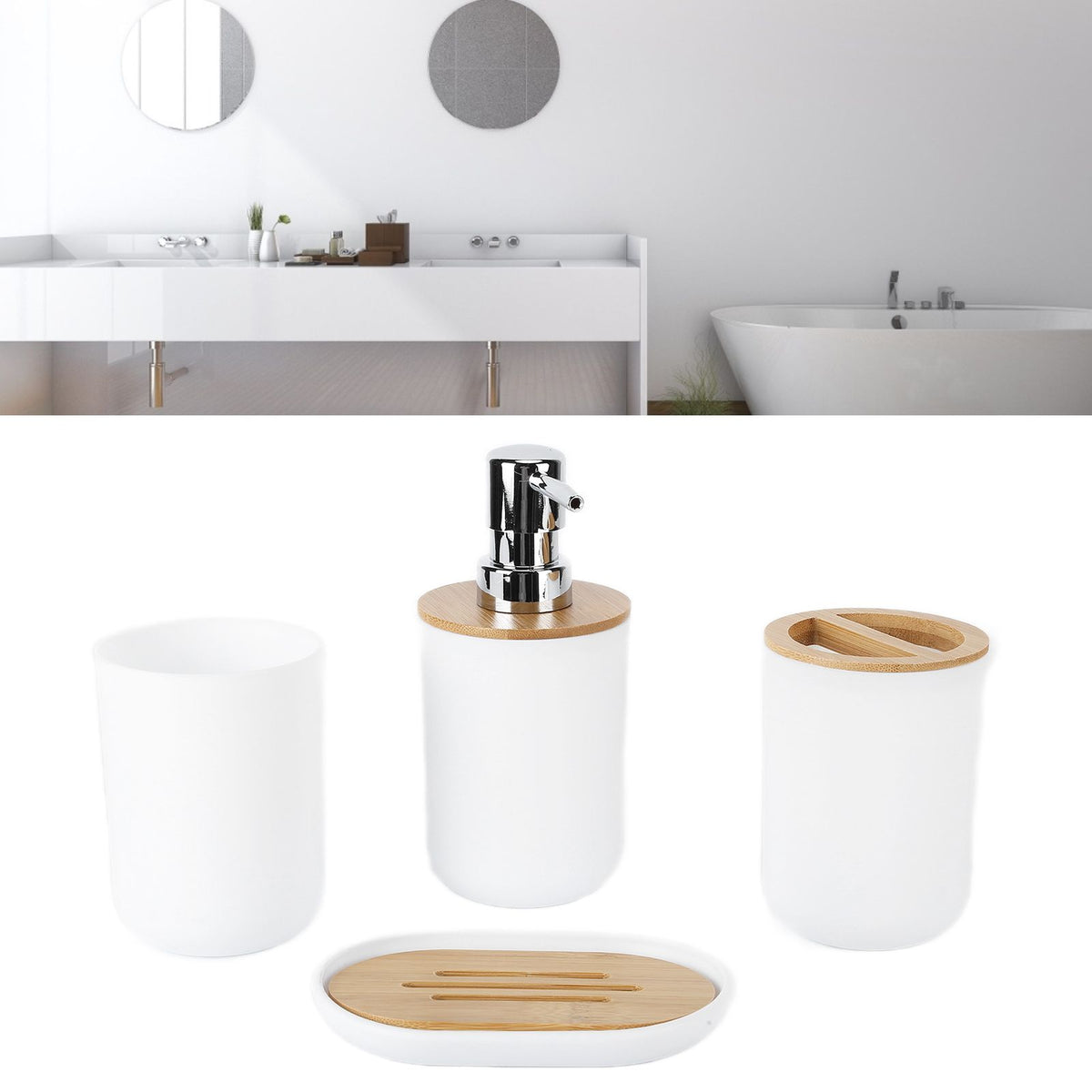 4Pcs Bathroom Accessory Set Bamboo Waterproof Durable Gift Toothbrush Cup for Home HotelWhite