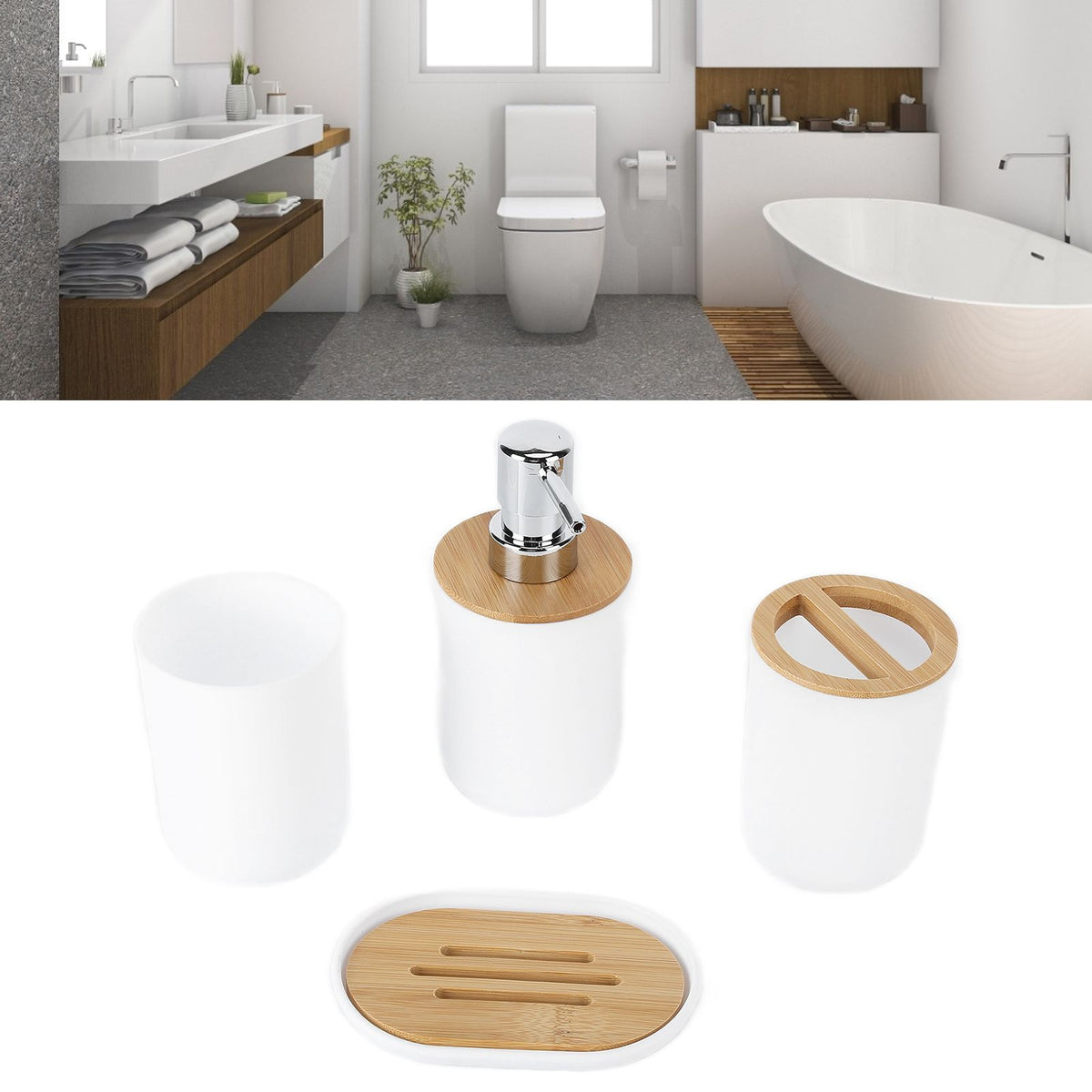 4Pcs Bathroom Accessory Set Bamboo Waterproof Durable Gift Toothbrush Cup for Home HotelWhite