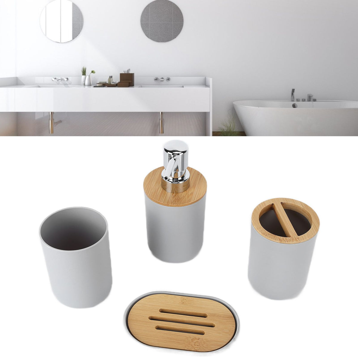 4Pcs Bathroom Accessory Set Bamboo Waterproof Durable Gift Toothbrush Cup for Home HotelGrey