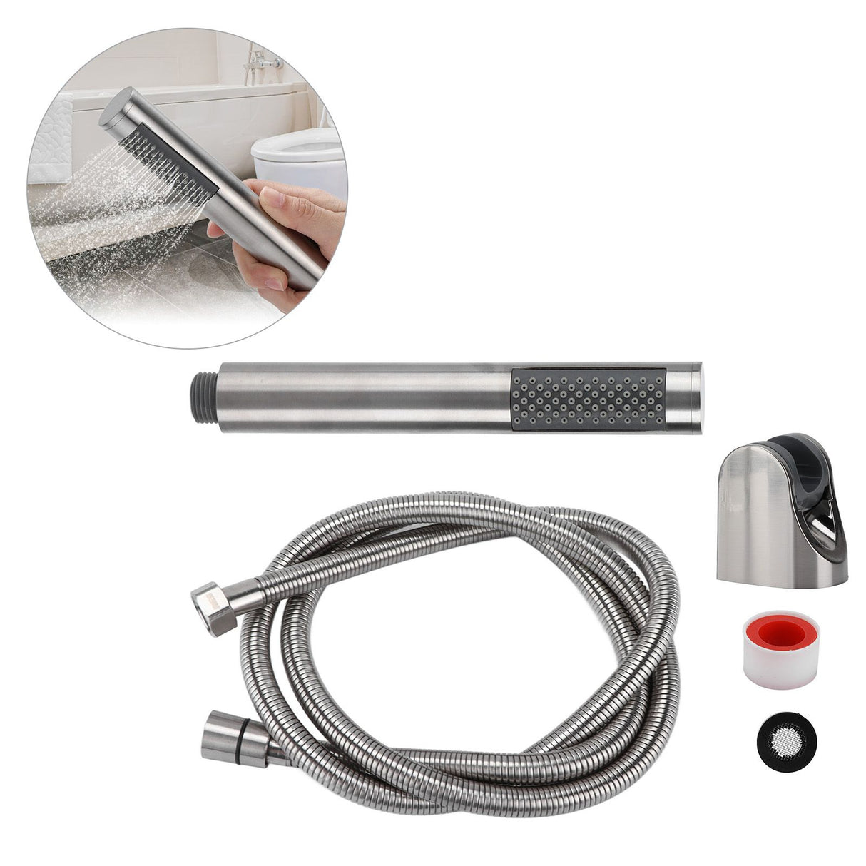 3Pcs/Set Stainless Steel Hand Shower Brushed Round Single Shower Head with Hose Fixed Holder