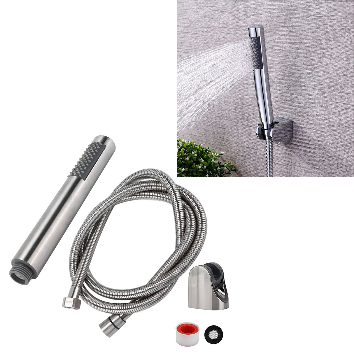 3Pcs/Set Stainless Steel Hand Shower Brushed Round Single Shower Head with Hose Fixed Holder