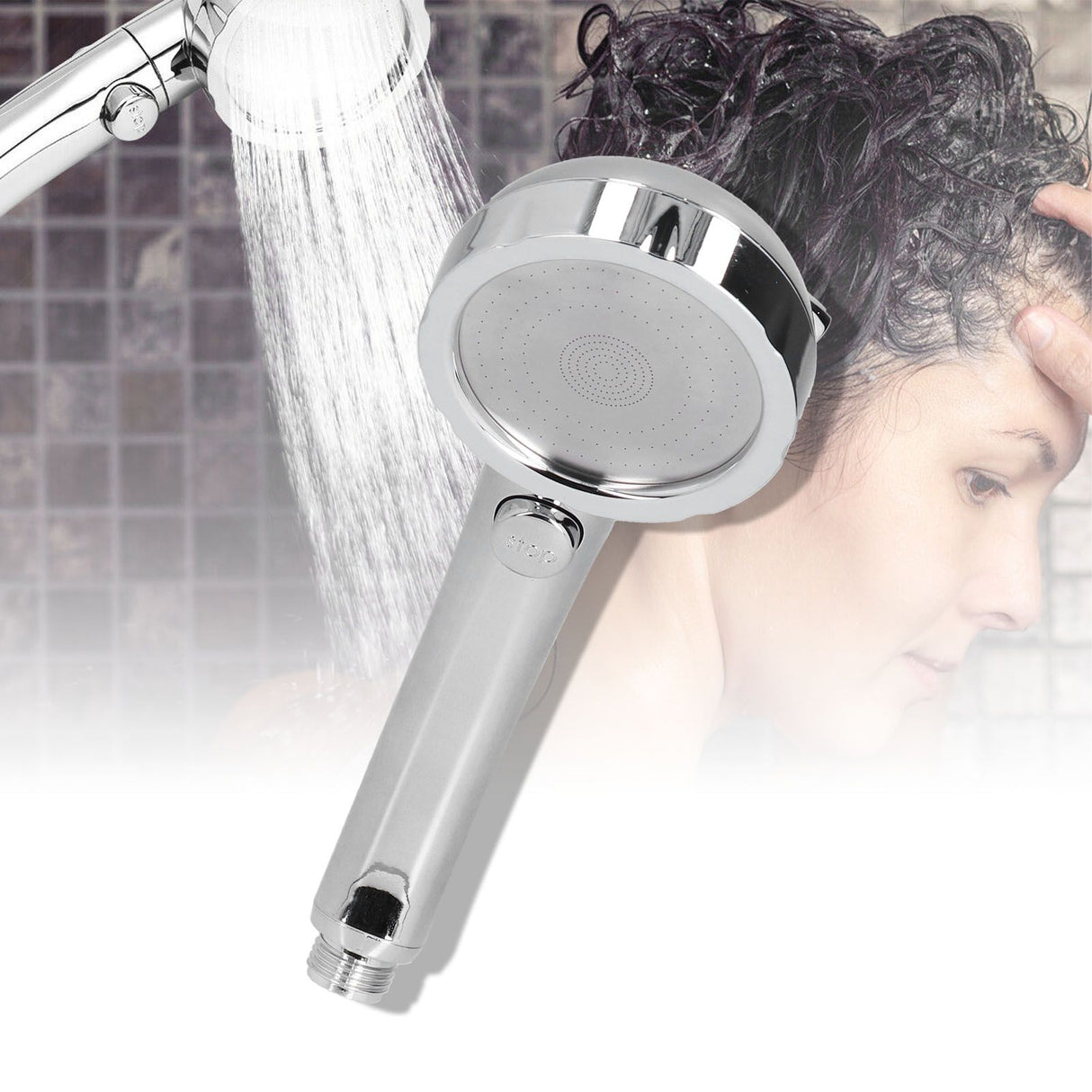 Shower Head Portable Handheld 360 Degree Rotating Three Modes Pressure One Button Water Stop Shower