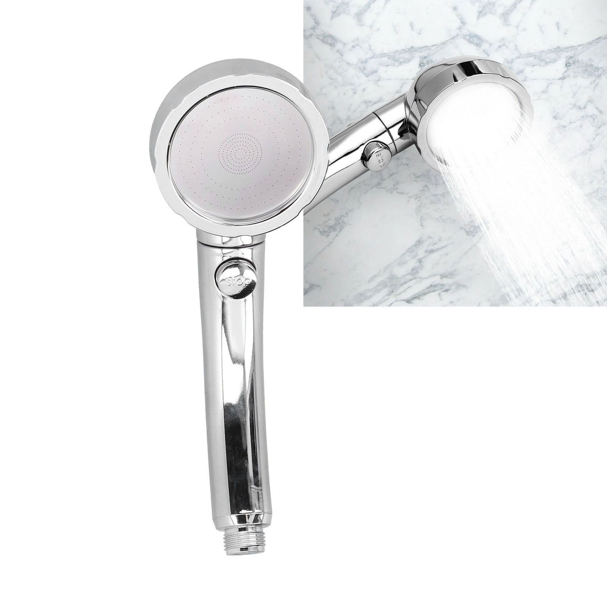 Shower Head Portable Handheld 360 Degree Rotating Three Modes Pressure One Button Water Stop Shower