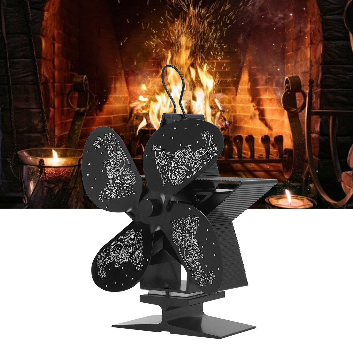 4 Blades Heat Powered Fan Santa Claus Pattern Fireplace Fan for Heat Distribution Circulating Warm AirBlack