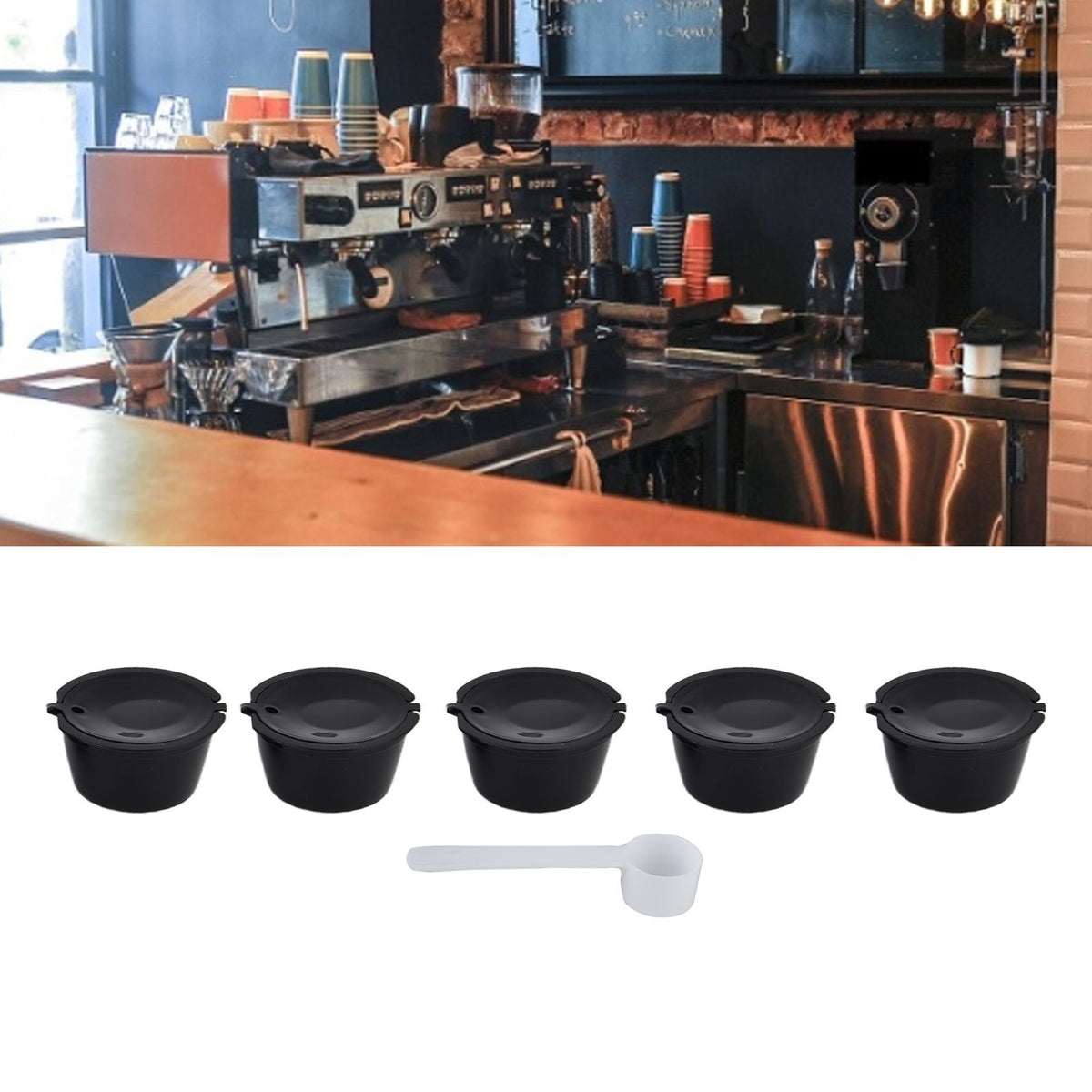 5Pcs 50ml Coffee Capsule Reusable Coffee Filter Cup with Spoon for DOLCE GUSTO Coffee MachineBlack
