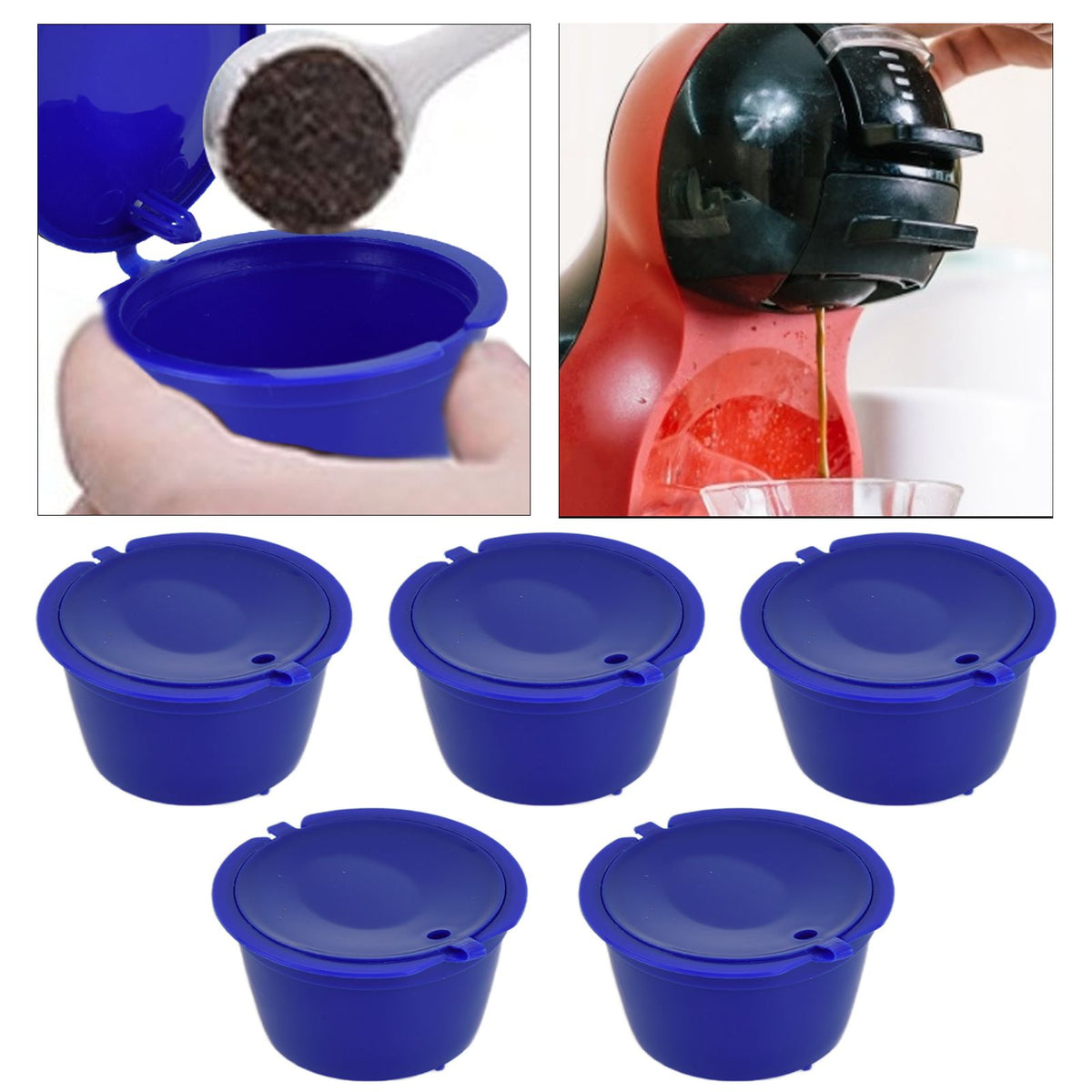 5Pcs 50ml Coffee Capsule Reusable Coffee Filter Cup with Spoon for DOLCE GUSTO Coffee MachineRoyal Blue