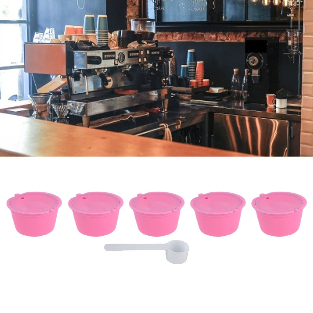 5Pcs 50ml Coffee Capsule Reusable Coffee Filter Cup with Spoon for DOLCE GUSTO Coffee MachinePink