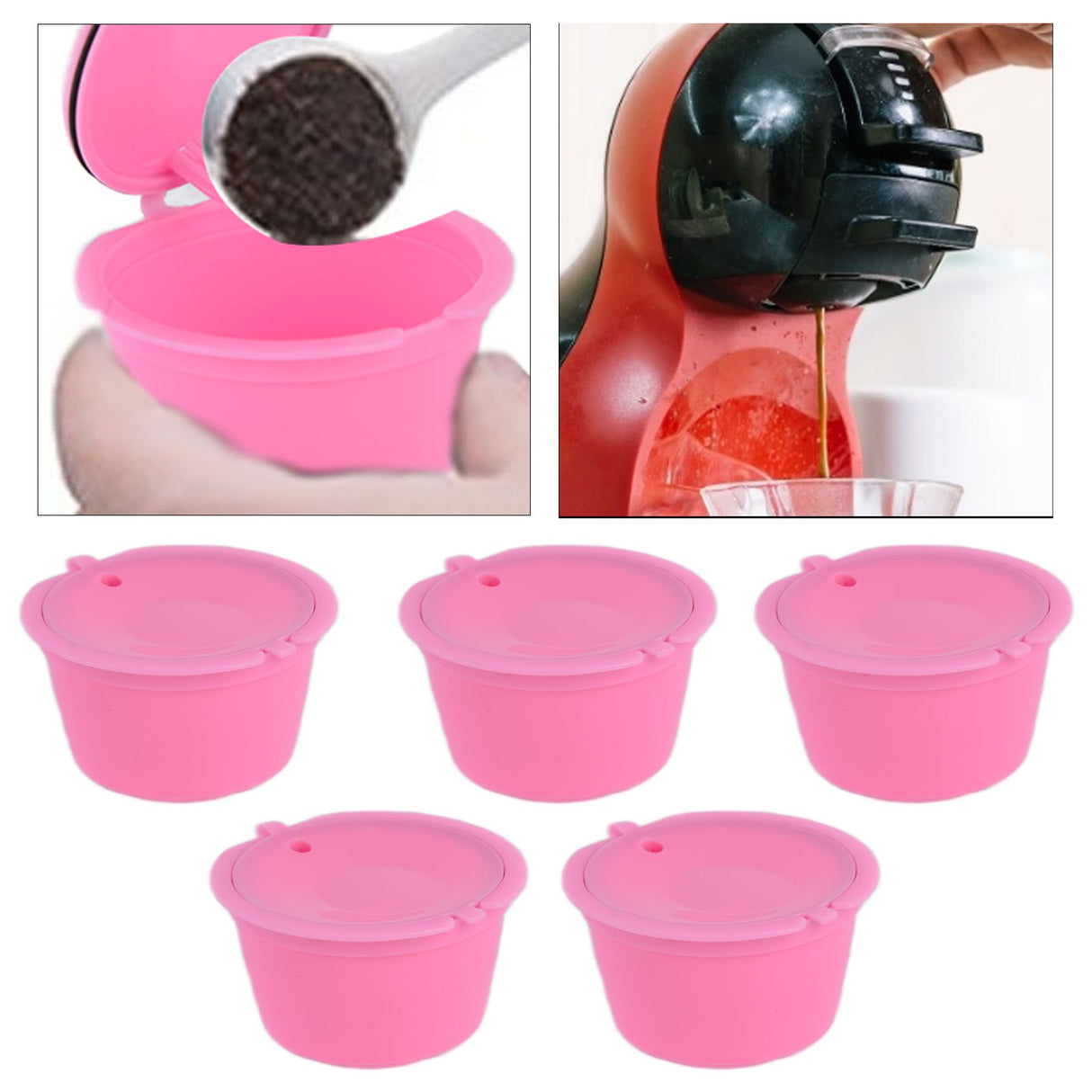5Pcs 50ml Coffee Capsule Reusable Coffee Filter Cup with Spoon for DOLCE GUSTO Coffee MachinePink