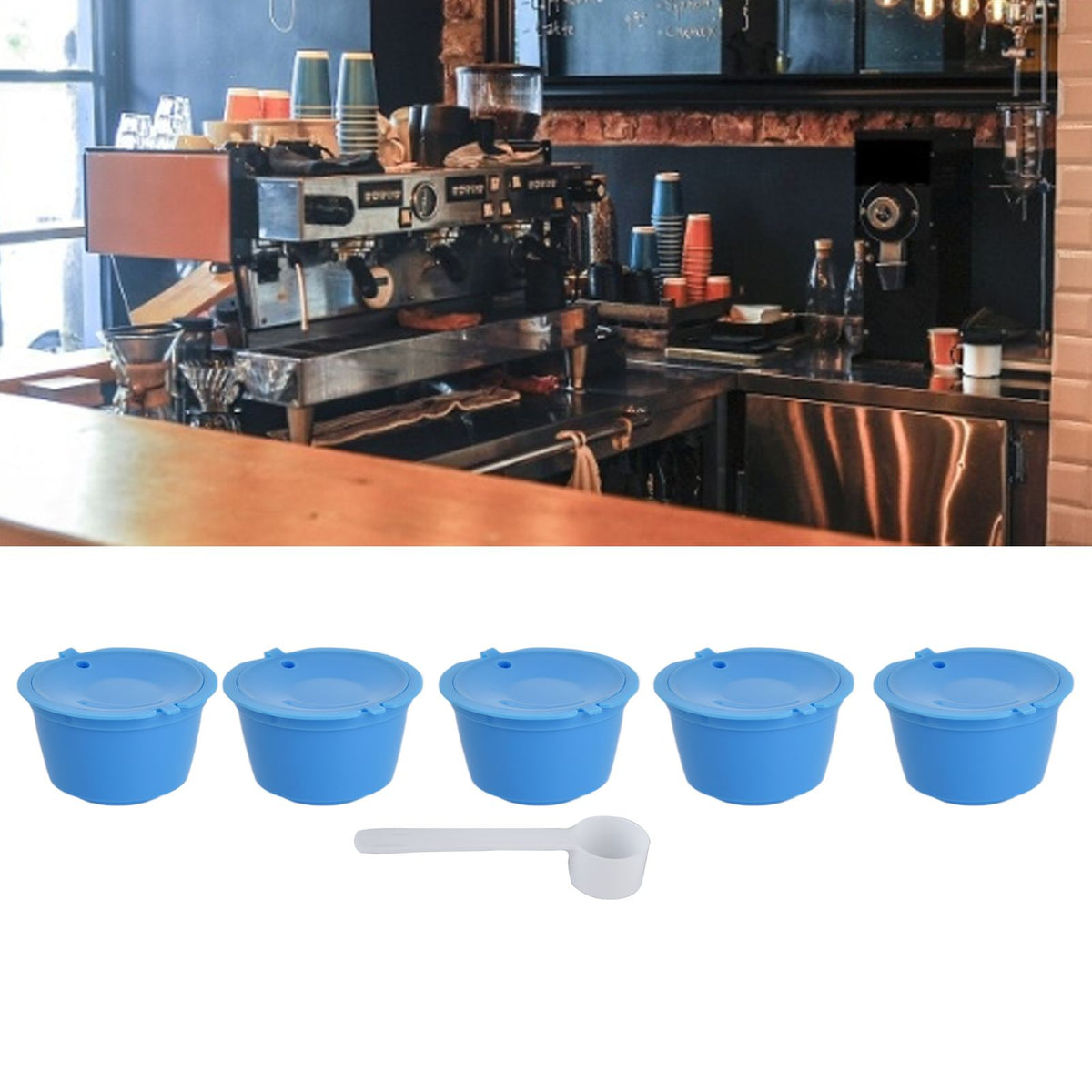 5Pcs 50ml Coffee Capsule Reusable Coffee Filter Cup with Spoon for DOLCE GUSTO Coffee MachineBlue