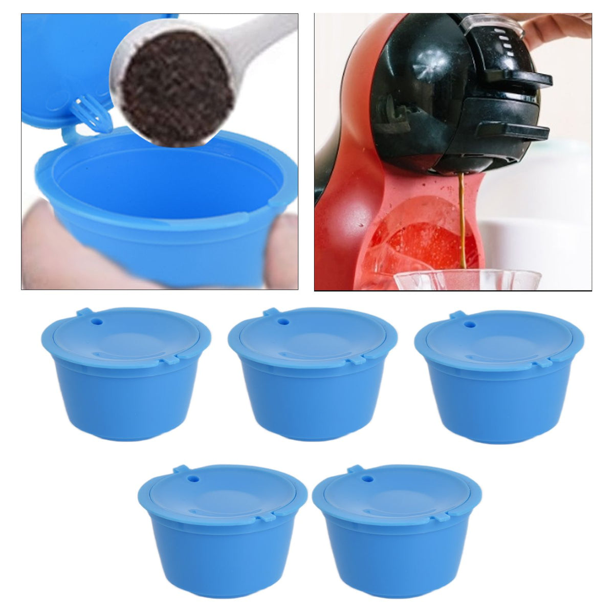 5Pcs 50ml Coffee Capsule Reusable Coffee Filter Cup with Spoon for DOLCE GUSTO Coffee MachineBlue