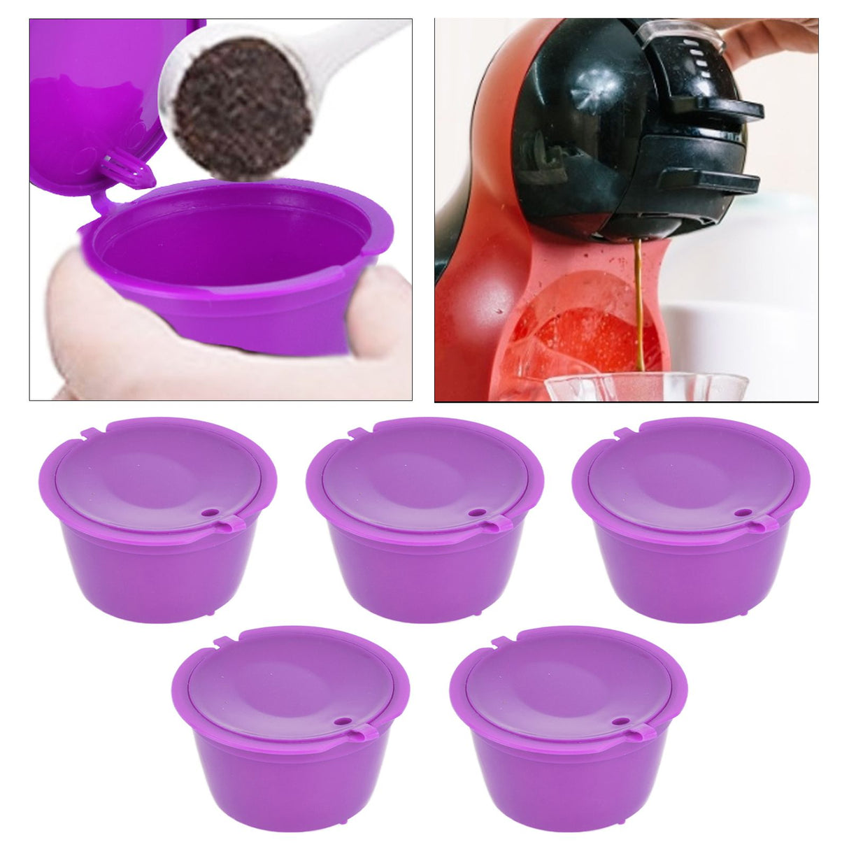 5Pcs 50ml Coffee Capsule Reusable Coffee Filter Cup with Spoon for DOLCE GUSTO Coffee MachinePurple