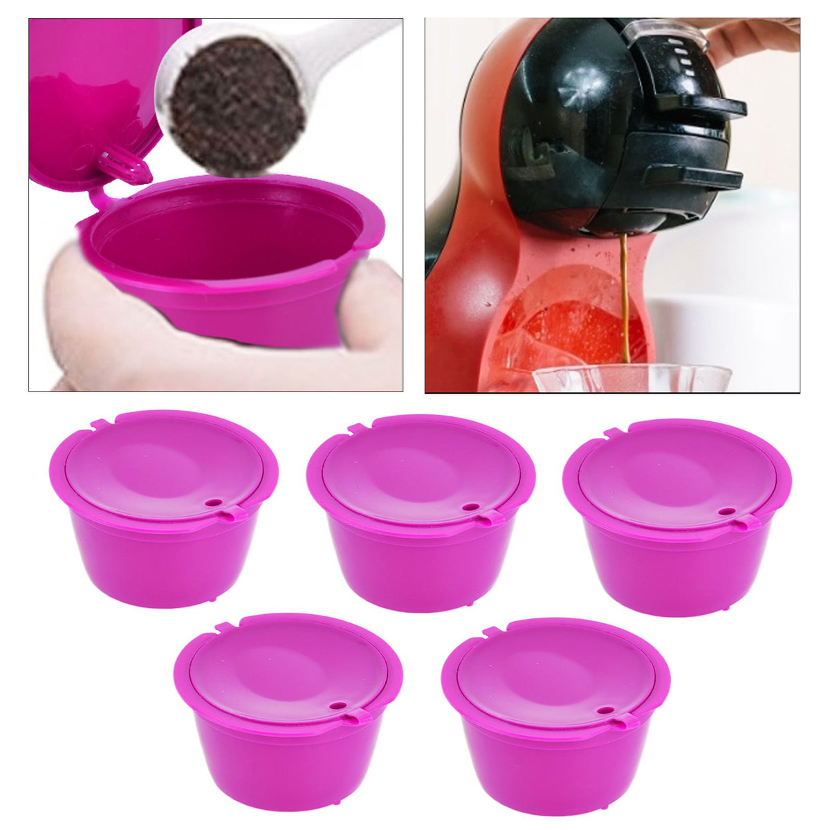 5Pcs 50ml Coffee Capsule Reusable Coffee Filter Cup with Spoon for DOLCE GUSTO Coffee MachineRose Red