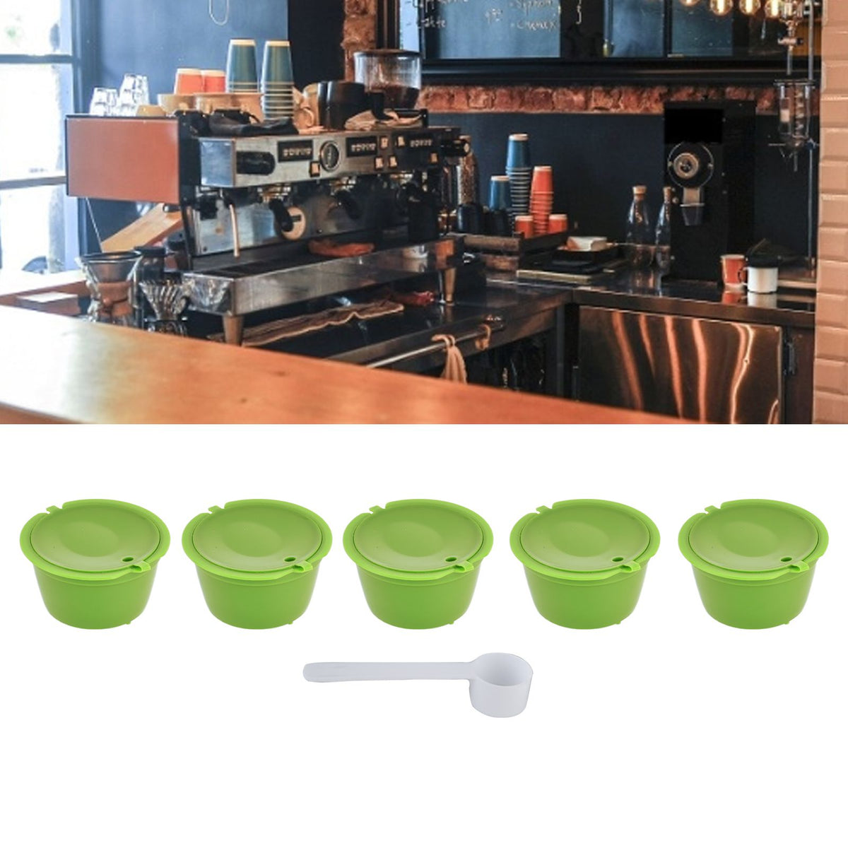 5Pcs 50ml Coffee Capsule Reusable Coffee Filter Cup with Spoon for DOLCE GUSTO Coffee MachineGrass Green