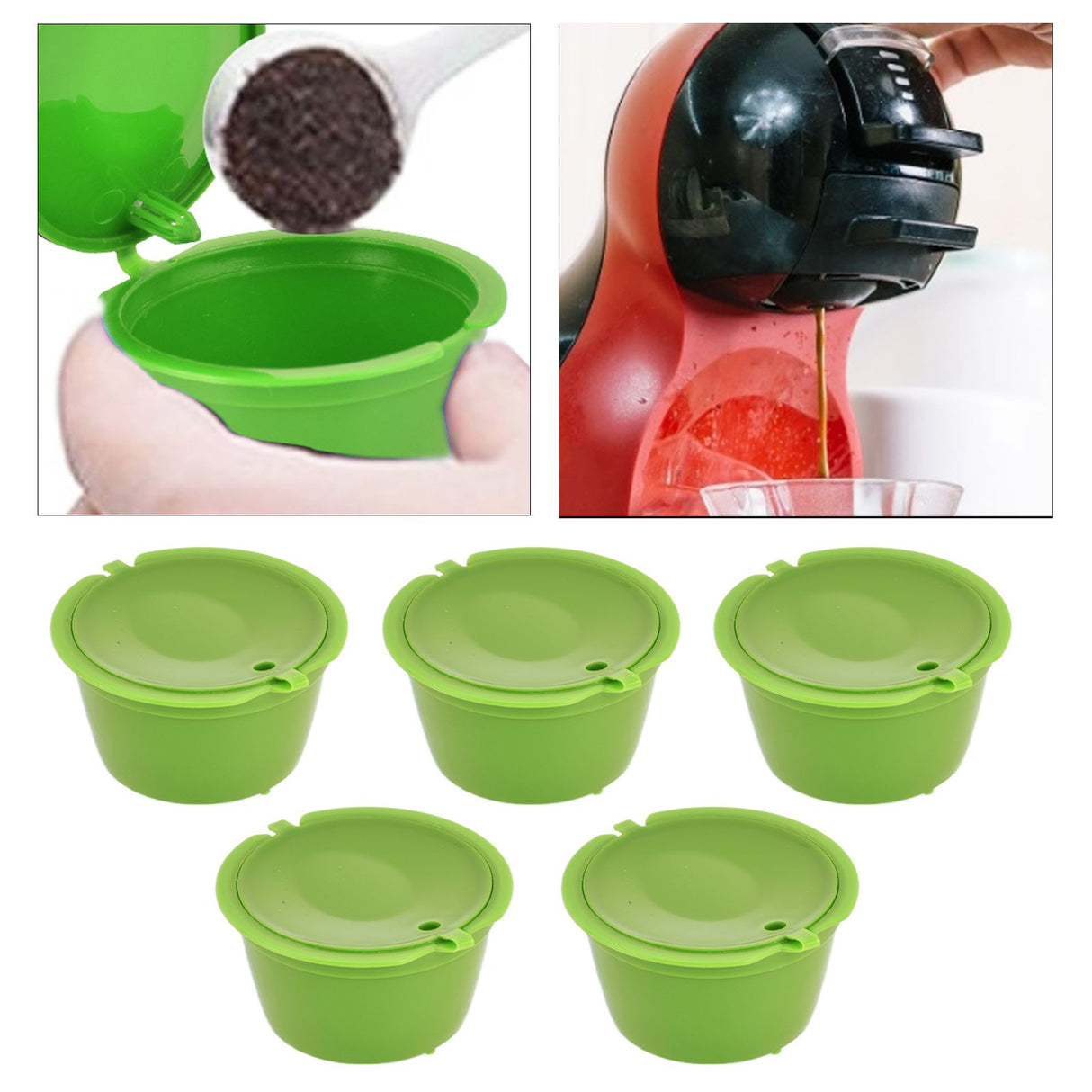 5Pcs 50ml Coffee Capsule Reusable Coffee Filter Cup with Spoon for DOLCE GUSTO Coffee MachineGrass Green