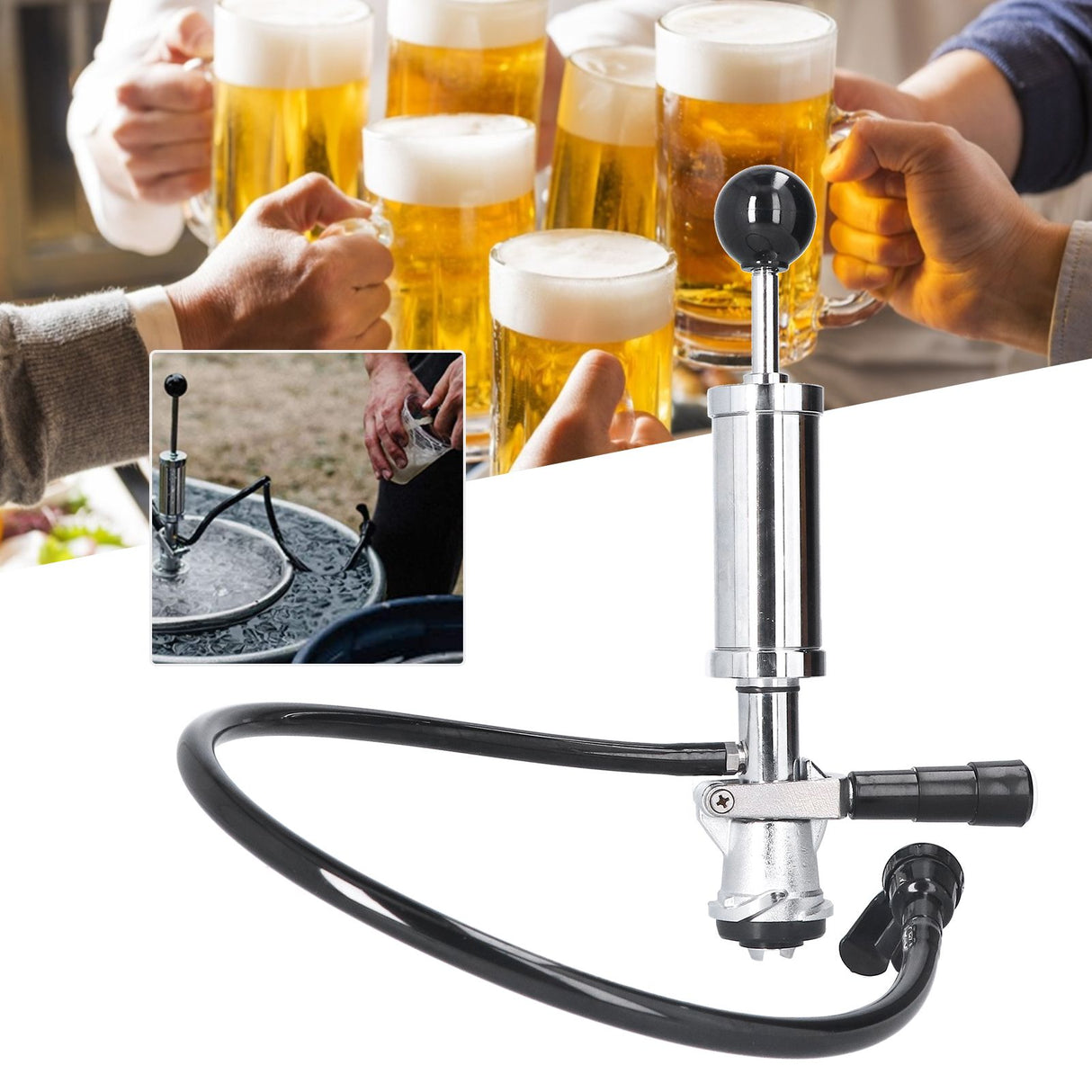 Beer Keg Pump with Black Beer Faucet Stainless Steel Draft Beer Party Pump for American D System Kegs