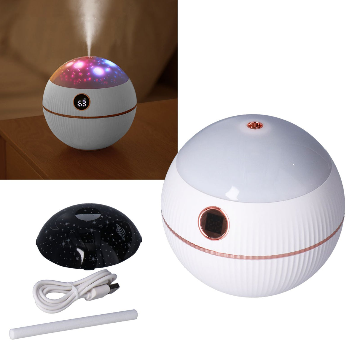 550ML Spherical Humidifier Mini Portable Star Projection Humidifier for Home Bedroom USB ChargingWhite