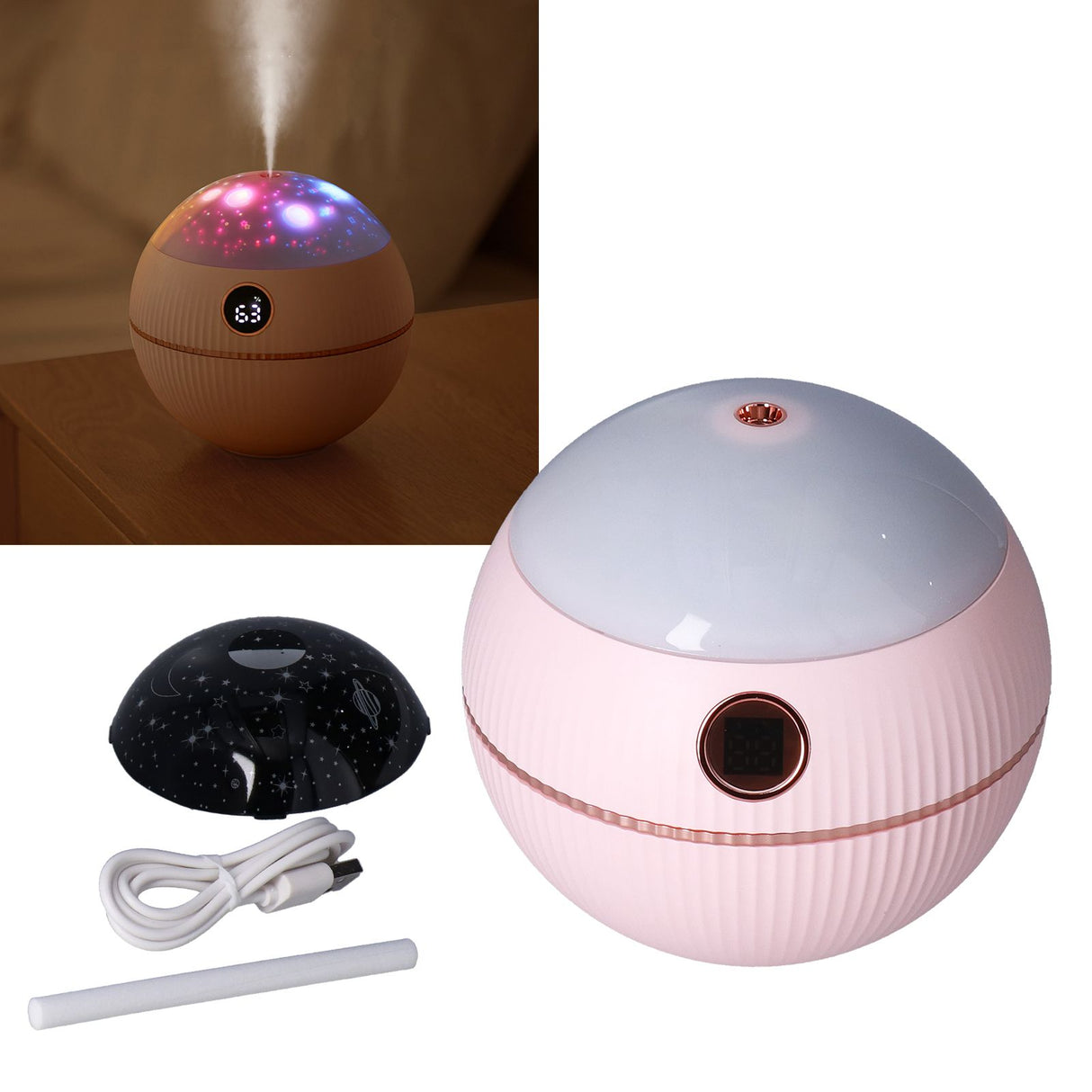 550ML Spherical Humidifier Mini Portable Star Projection Humidifier for Home Bedroom USB ChargingPink