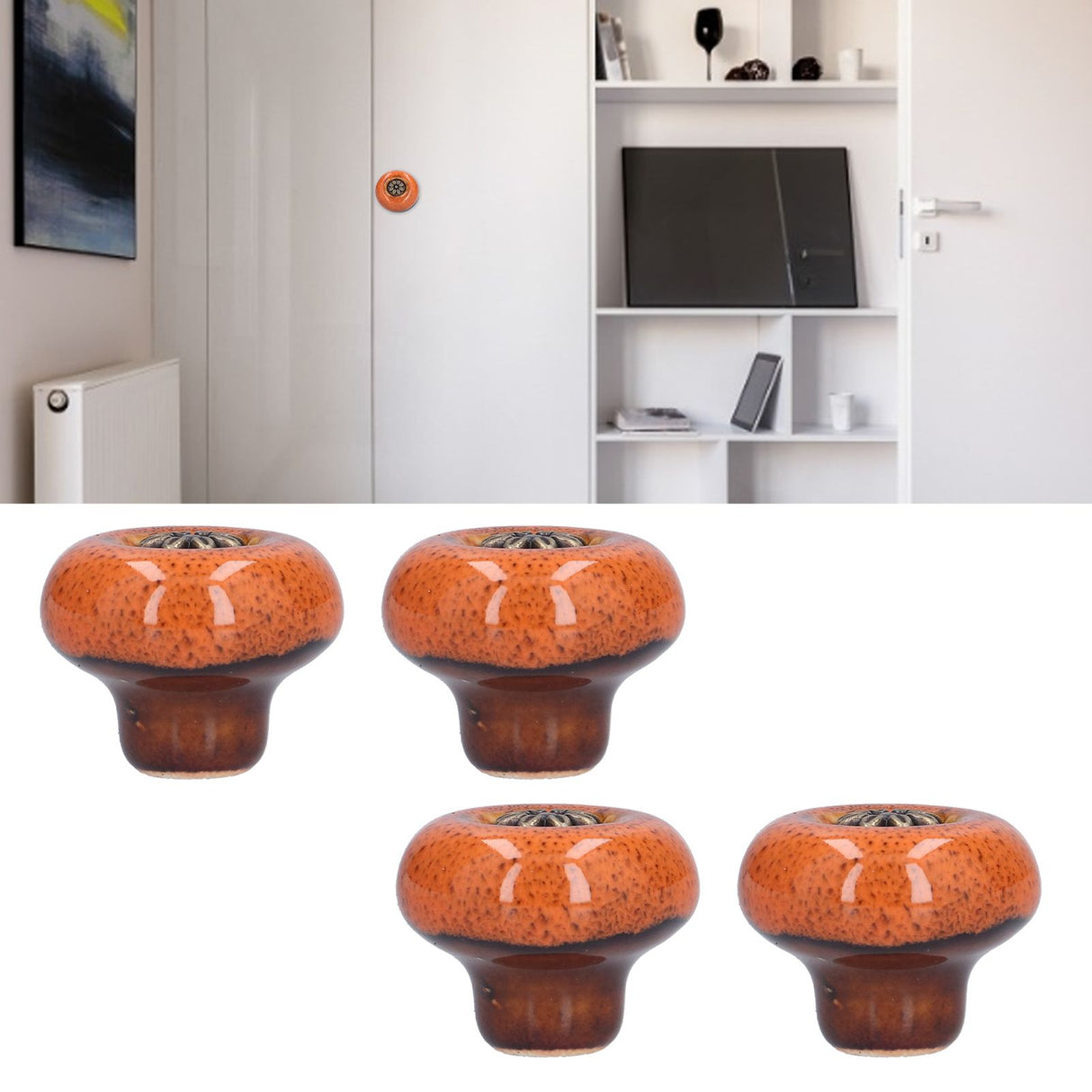 4 Set Cabinet Handle Retro Round Shaped Single Hole Door Knob for Home Bedroom Living RoomGreen Ancient Leopard Print Orange