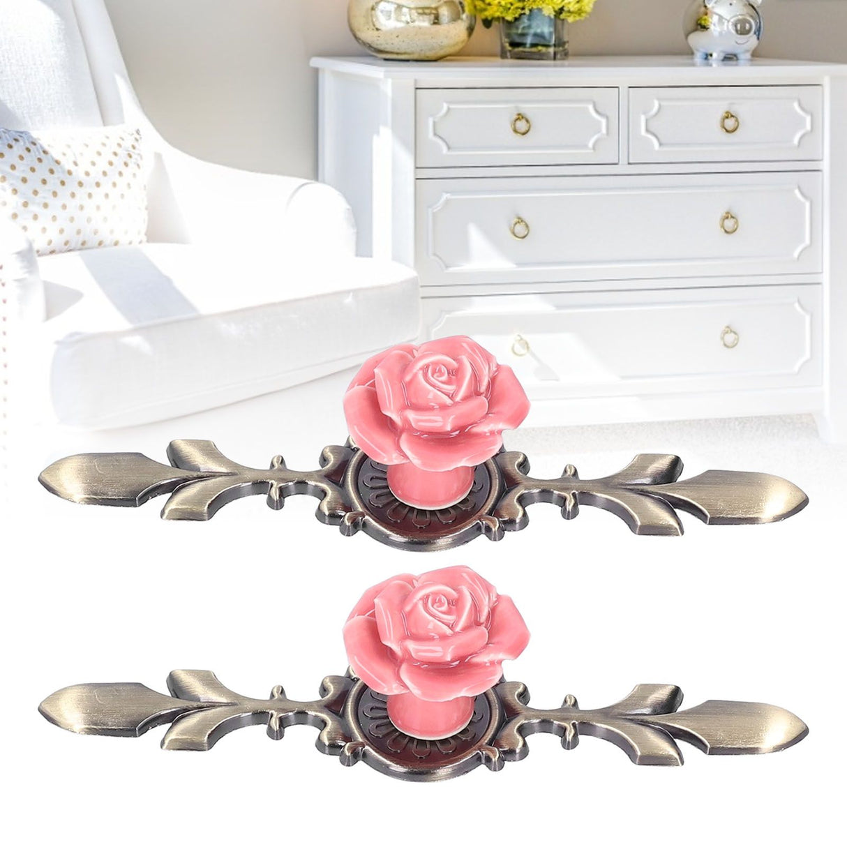 2Set Cabinet Knob Rose Flower Ceramic Pull Handle Closet Drawer Knob for Kitchen Furniture
