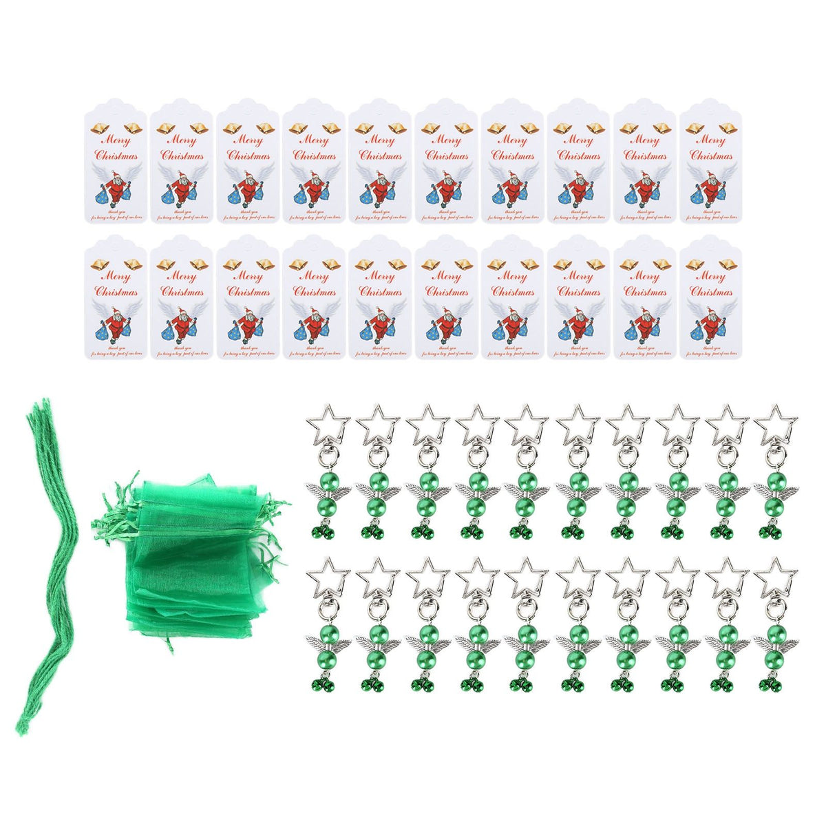 20PCS Keychain Bells Angel Stars Creative Christmas Decoration Gift Santa Claus Pendant Candy Bag Set Green