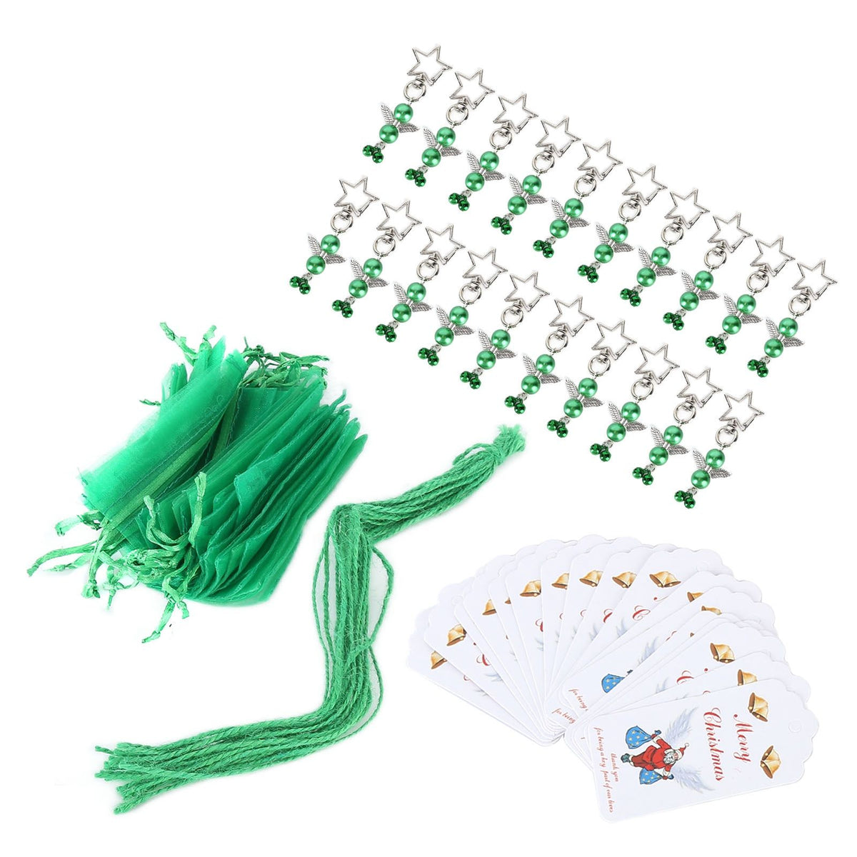 20PCS Keychain Bells Angel Stars Creative Christmas Decoration Gift Santa Claus Pendant Candy Bag Set Green