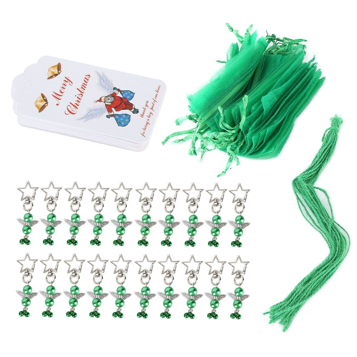 20PCS Keychain Bells Angel Stars Creative Christmas Decoration Gift Santa Claus Pendant Candy Bag Set Green