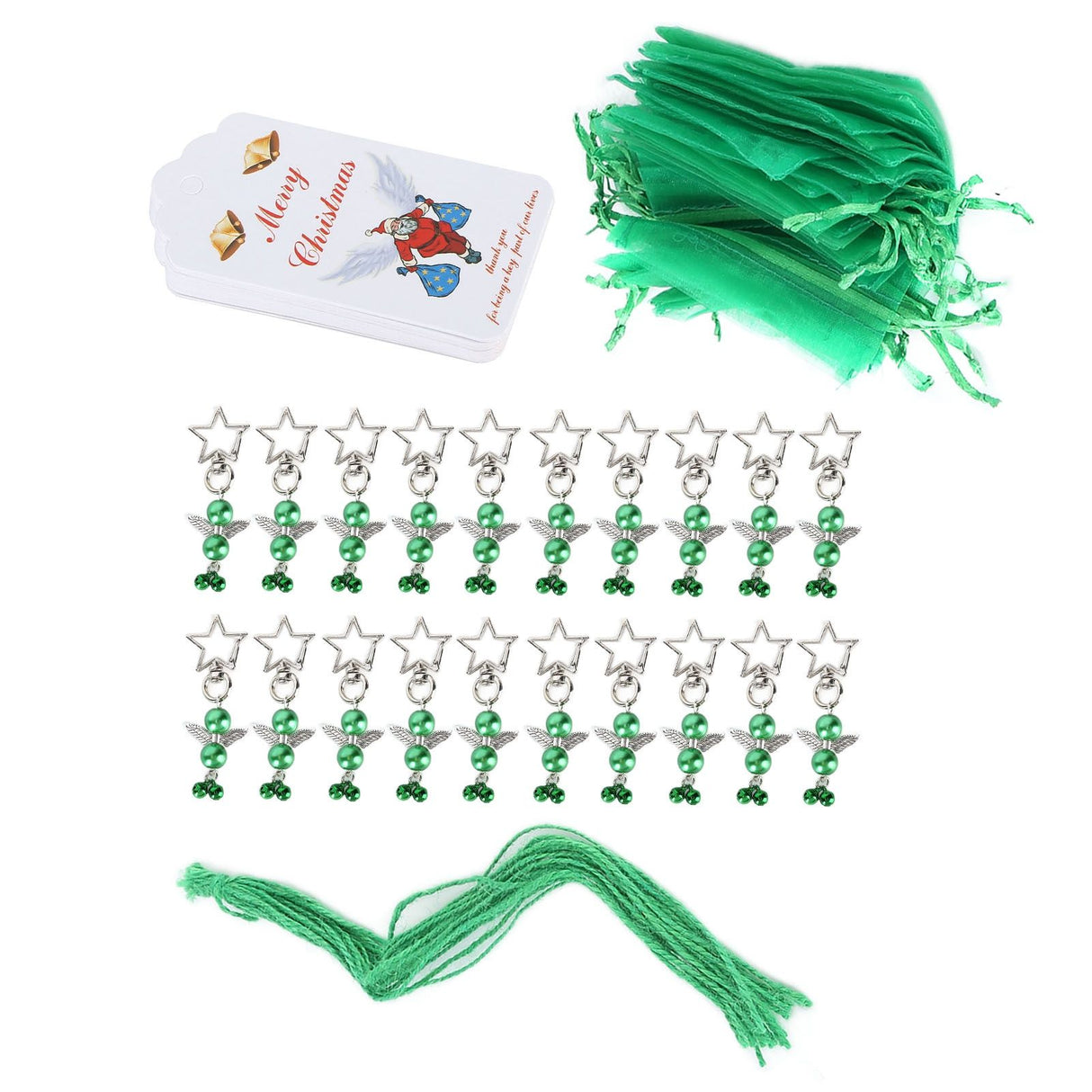 20PCS Keychain Bells Angel Stars Creative Christmas Decoration Gift Santa Claus Pendant Candy Bag Set Green