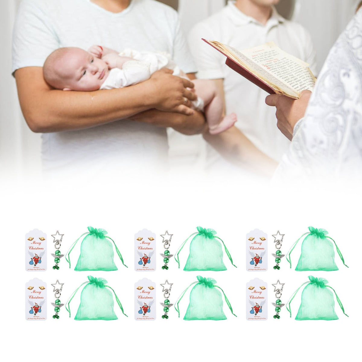 20PCS Keychain Bells Angel Stars Creative Christmas Decoration Gift Santa Claus Pendant Candy Bag Set Green