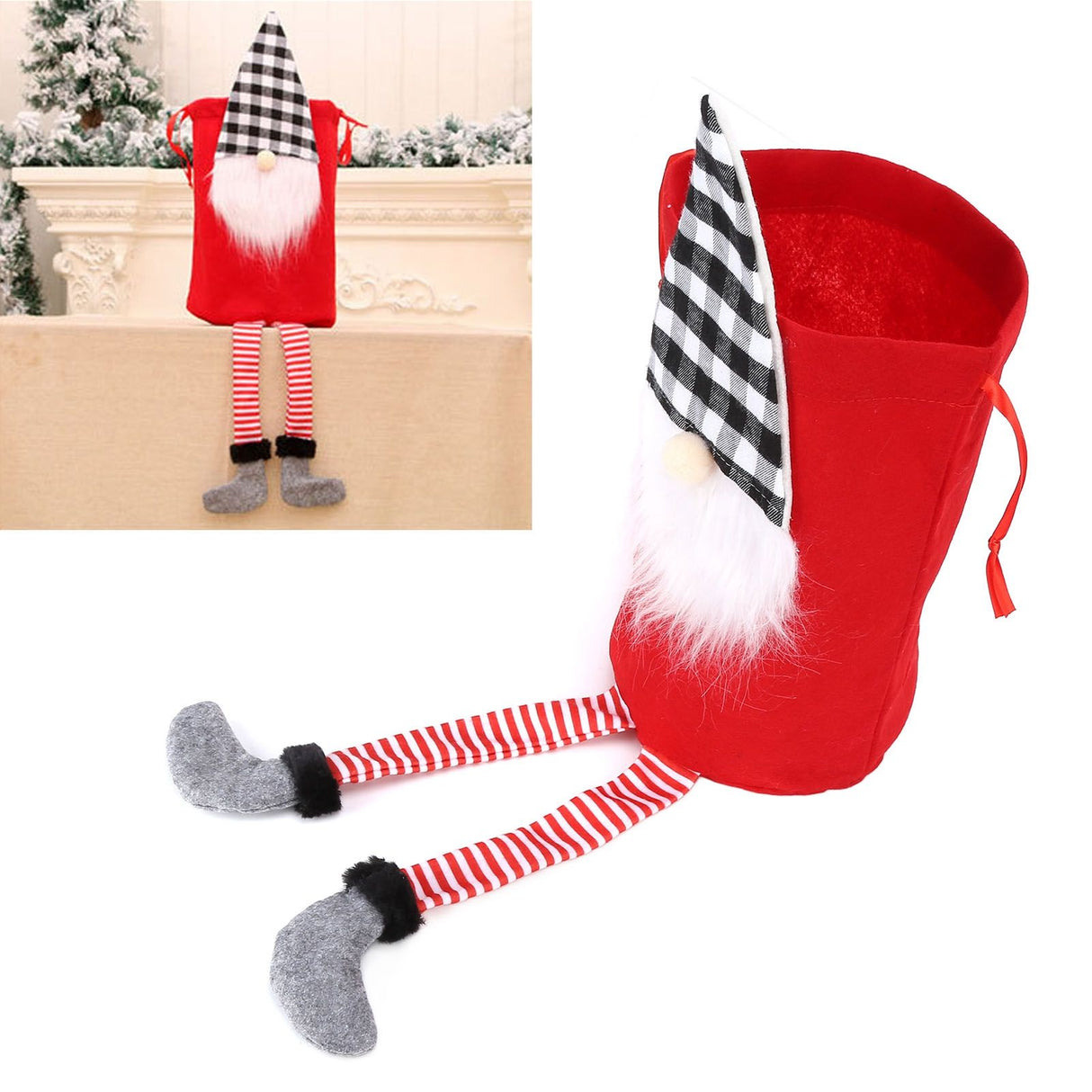 Christmas Gift Bag Faceless Santa Claus Drawstring Pouch Treat Bag for Christmas PartyRed