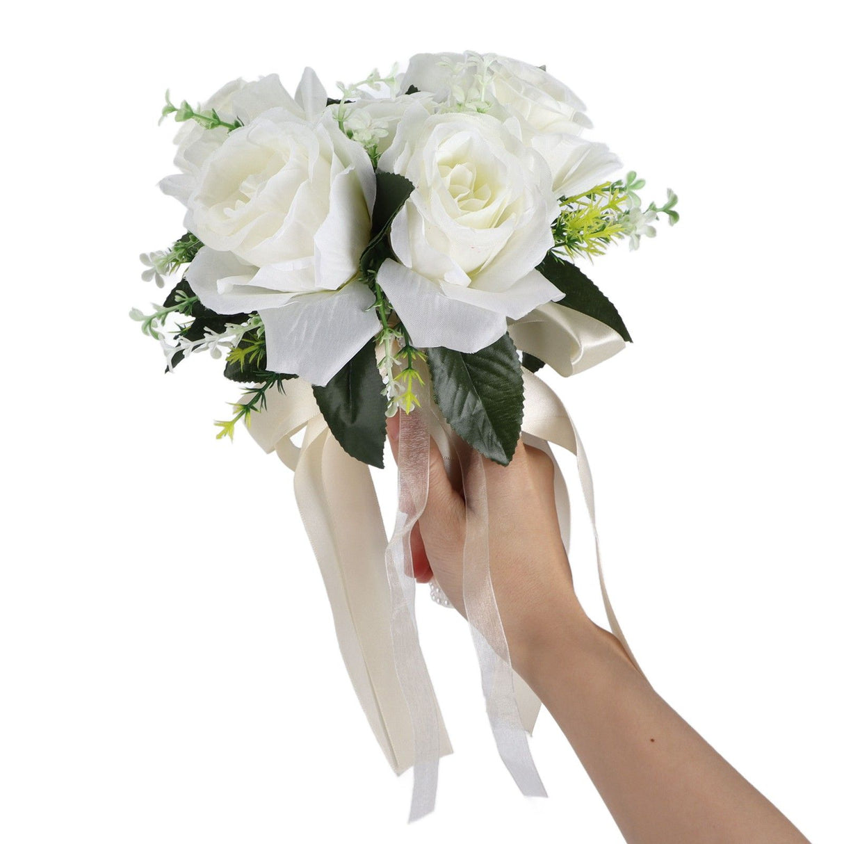 Artificial Wedding Bouquet Silk Flower Simulation Rose Bouquet for Bride Holding FlowersMilky White