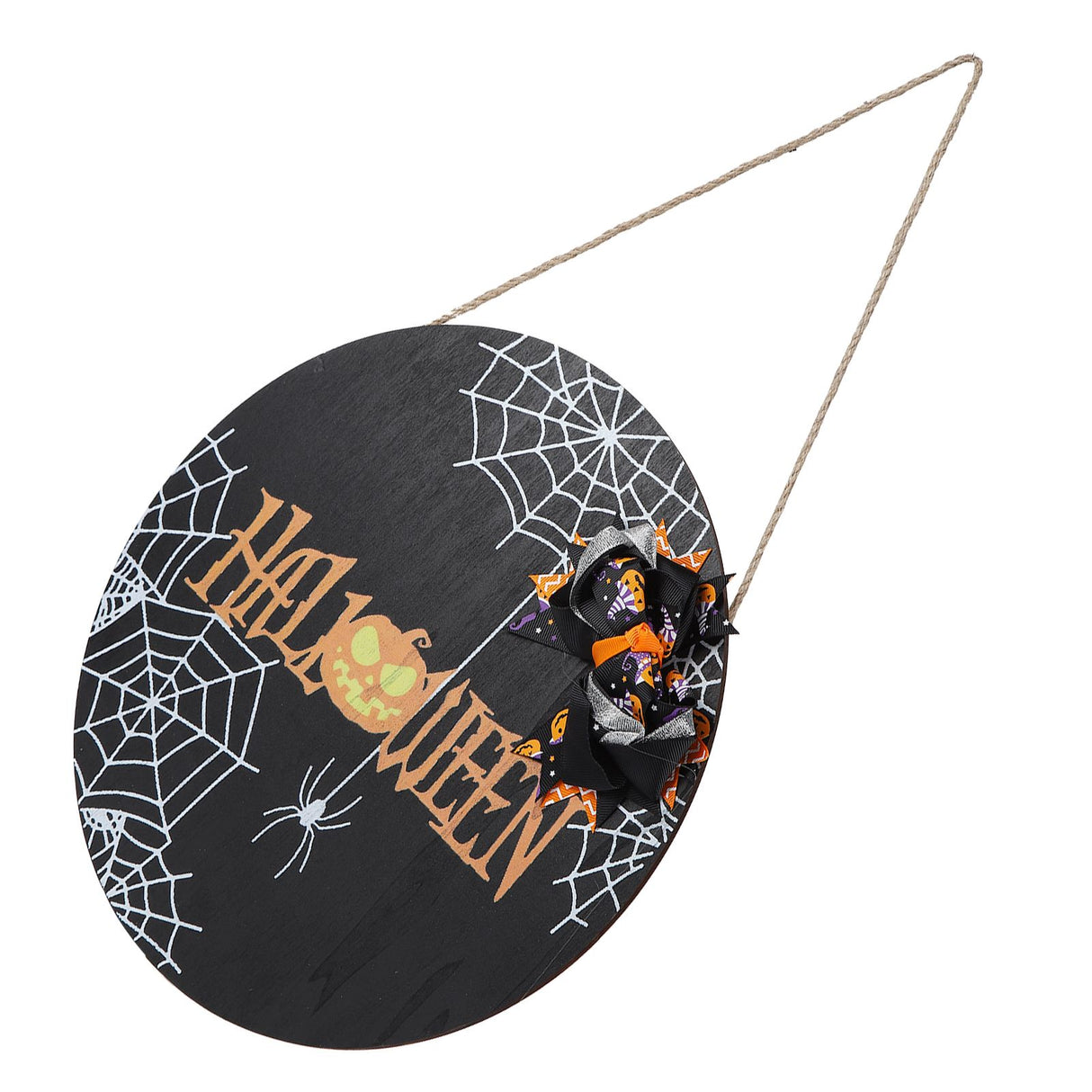 Spider Web Pattern Welcome Sign Wooden Hanging Door Hanger for Halloween Family Gathering BlackBowknot Included