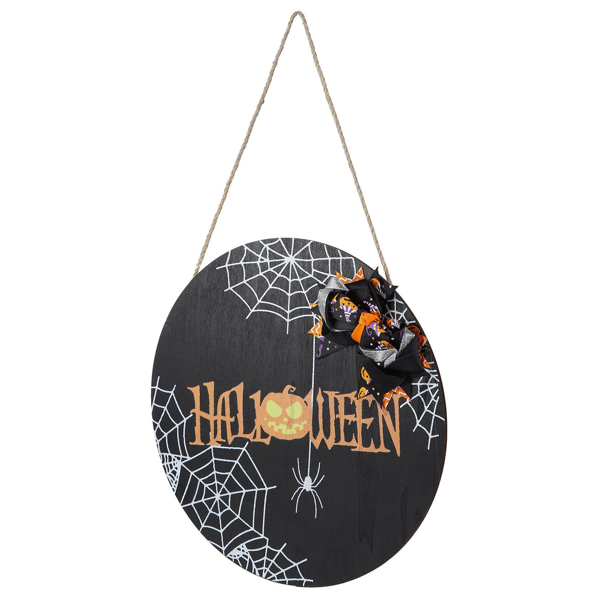 Spider Web Pattern Welcome Sign Wooden Hanging Door Hanger for Halloween Family Gathering BlackBowknot Included