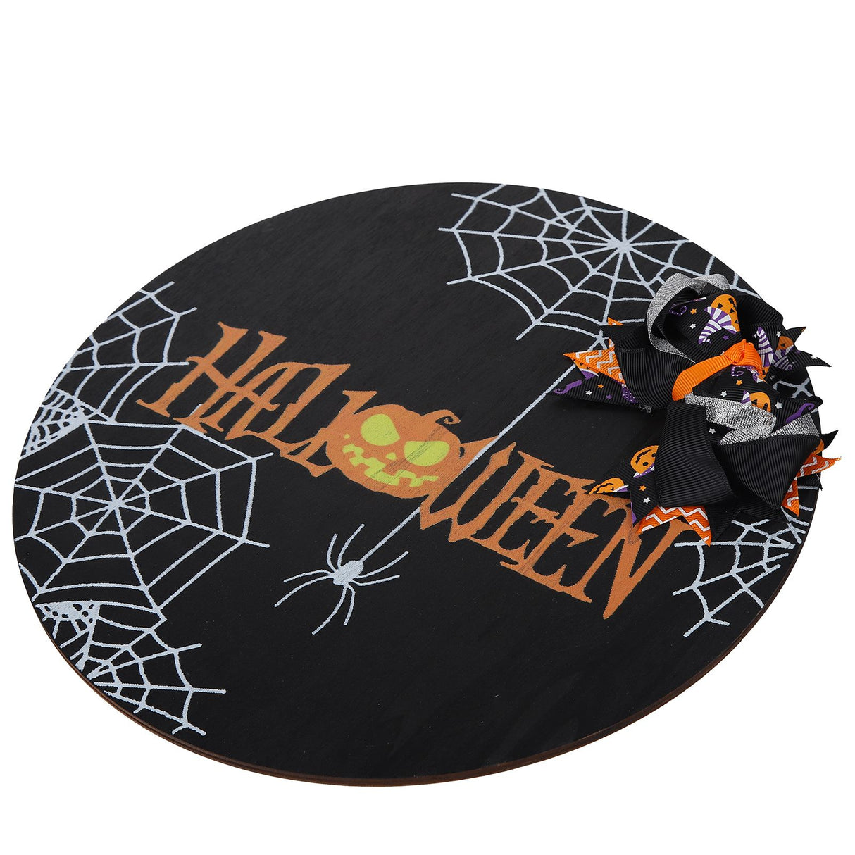 Spider Web Pattern Welcome Sign Wooden Hanging Door Hanger for Halloween Family Gathering BlackBowknot Included