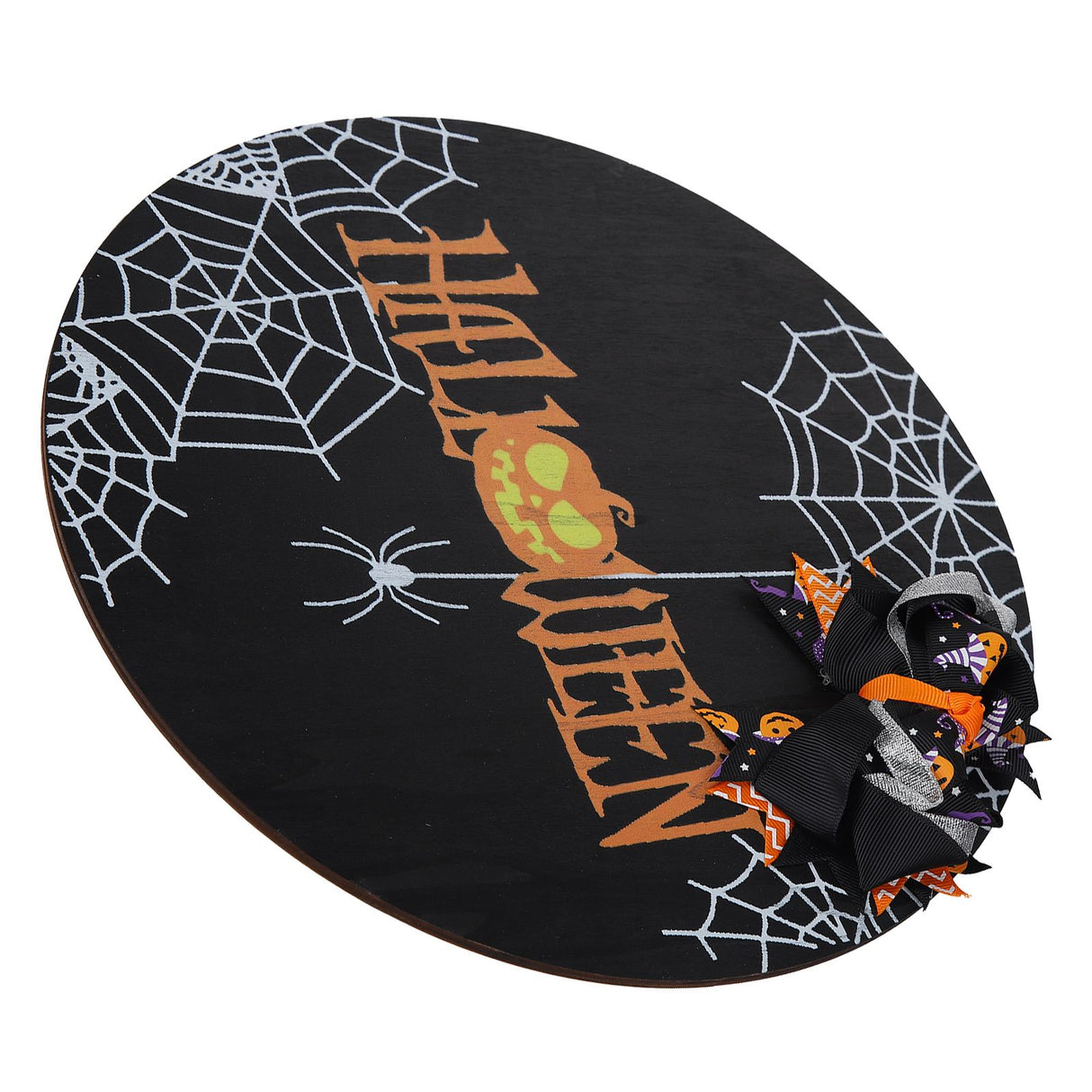 Spider Web Pattern Welcome Sign Wooden Hanging Door Hanger for Halloween Family Gathering BlackBowknot Included