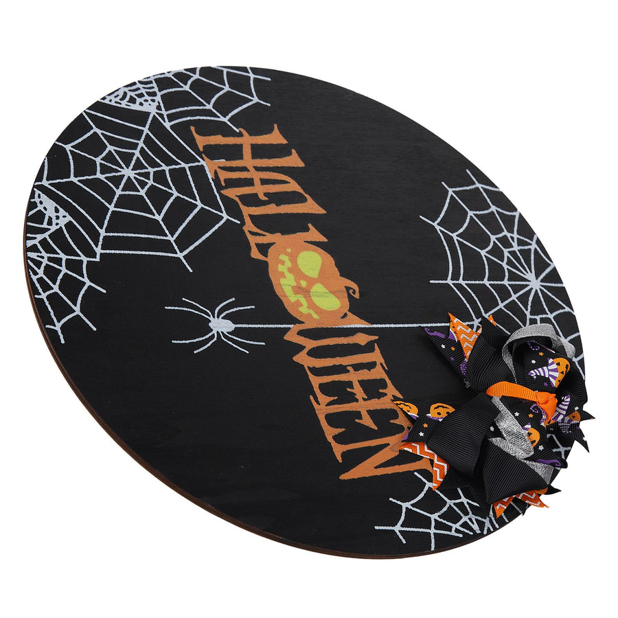 Spider Web Pattern Welcome Sign Wooden Hanging Door Hanger for Halloween Family Gathering BlackBowknot Included