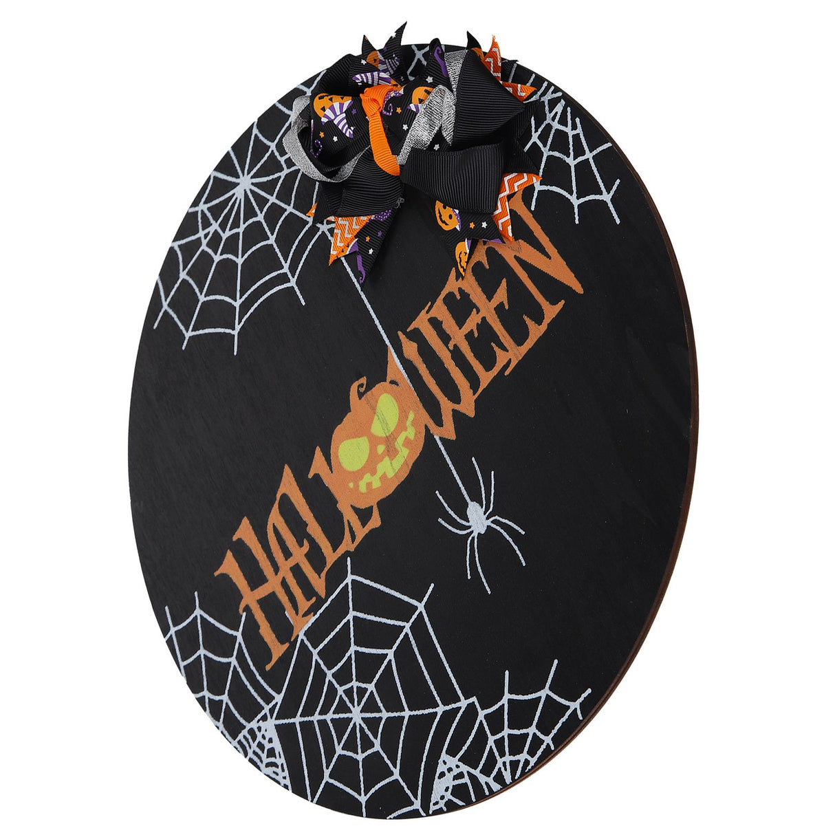Spider Web Pattern Welcome Sign Wooden Hanging Door Hanger for Halloween Family Gathering BlackBowknot Included