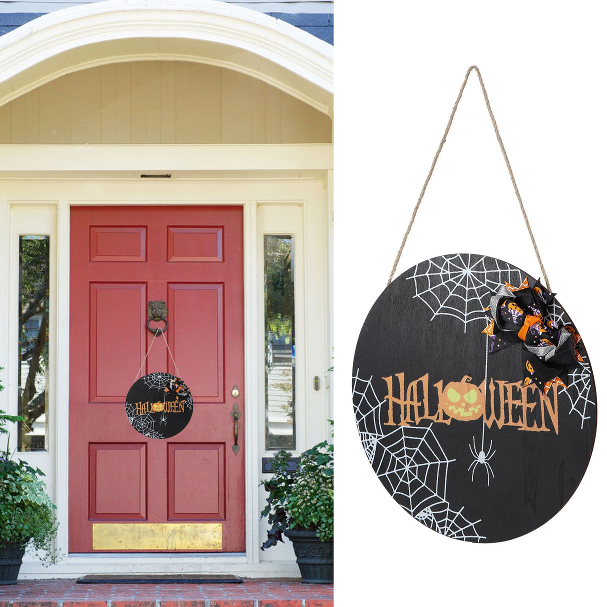 Spider Web Pattern Welcome Sign Wooden Hanging Door Hanger for Halloween Family Gathering BlackBowknot Included