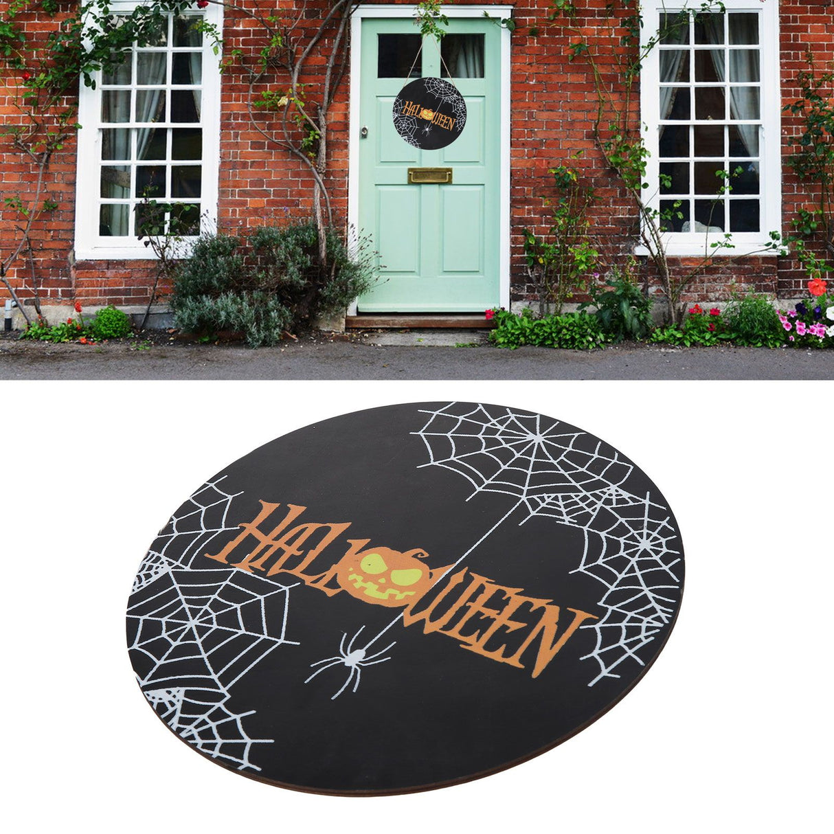 Spider Web Pattern Welcome Sign Wooden Hanging Door Hanger for Halloween Family Gathering BlackBowknot Not Included
