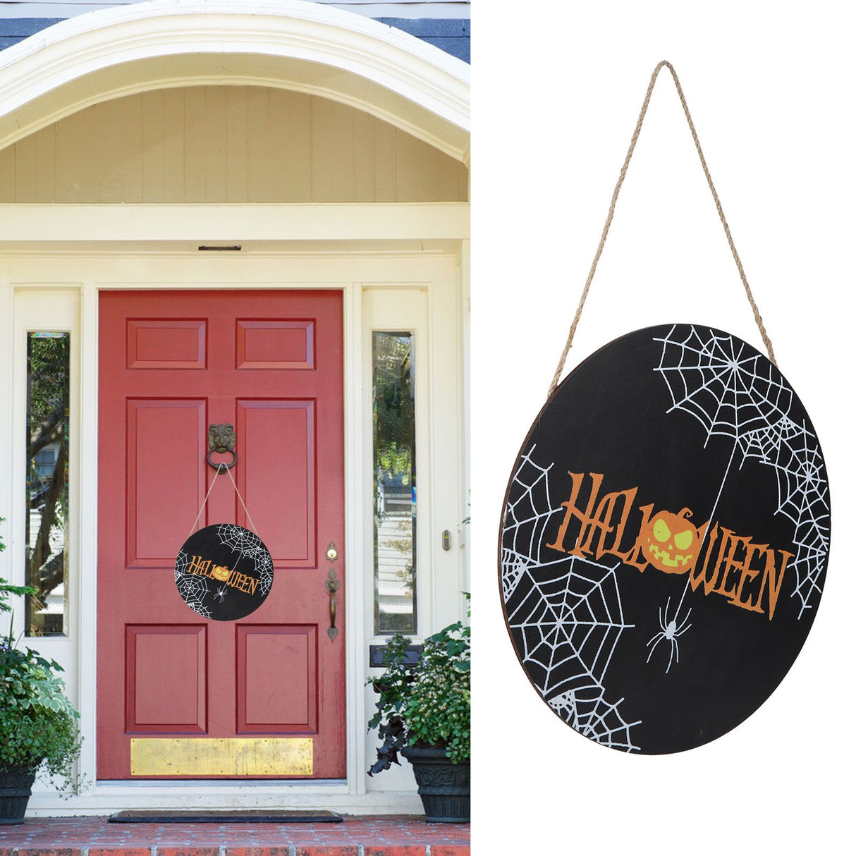 Spider Web Pattern Welcome Sign Wooden Hanging Door Hanger for Halloween Family Gathering BlackBowknot Not Included