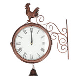 Iron Wrought Wall Clock Rooster Double Sided Antique Brass Wall Clock Round Roman Numeral Wall Clock for Home Garden