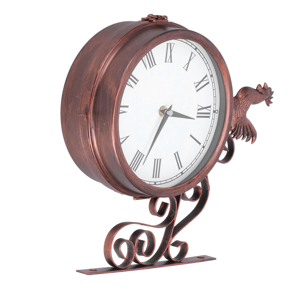 Iron Wrought Wall Clock Rooster Double Sided Antique Brass Wall Clock Round Roman Numeral Wall Clock for Home Garden